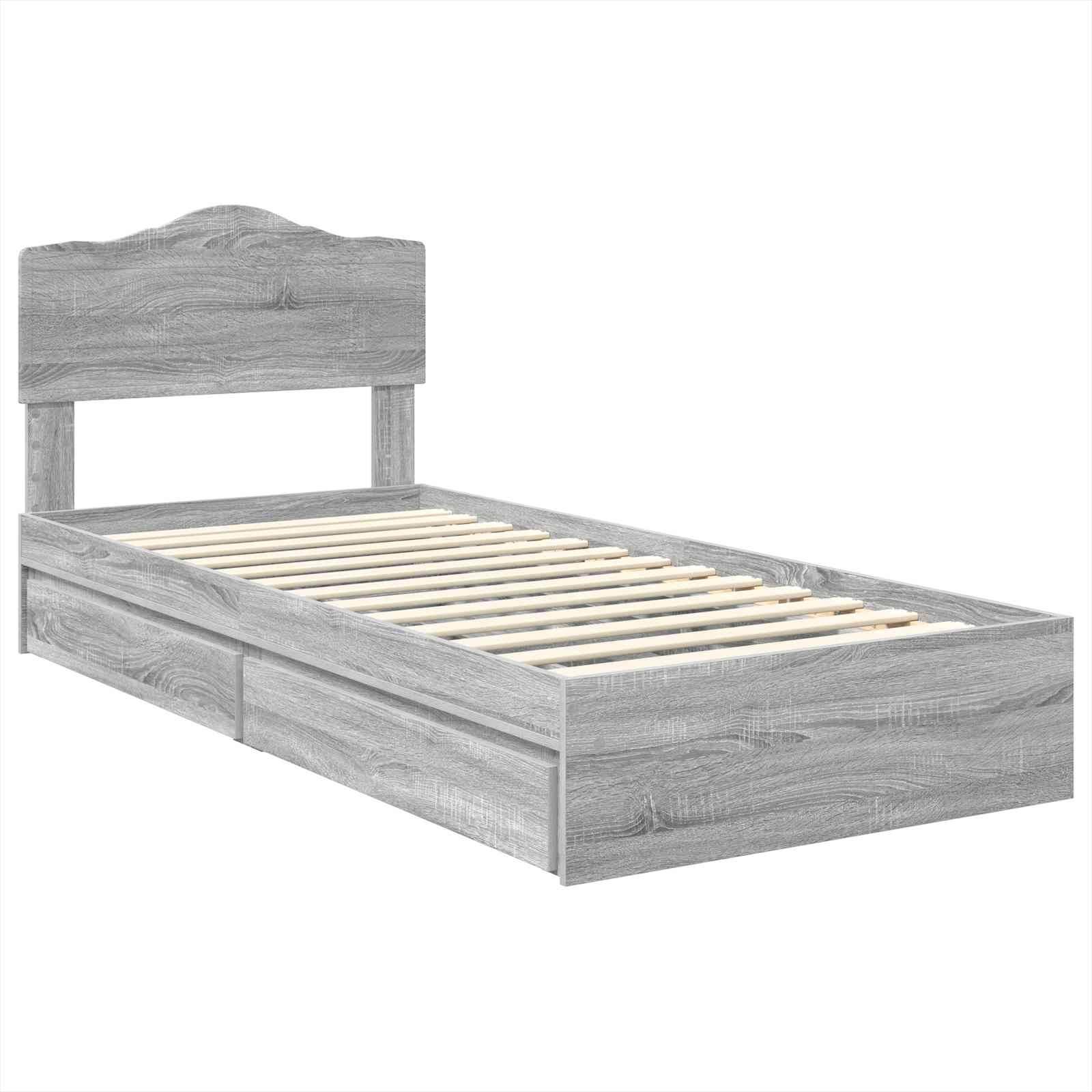 Ein grauer Holzbettrahmen mit Kopfteil und Lattenrost, aus frontaler Perspektive betrachtet. Der Rahmen ist schlicht und modern im Design.