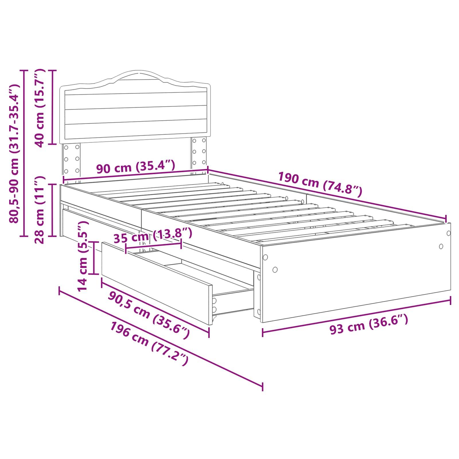 Eine Skizze eines Bettes mit herausziehbaren Schubladen. Abmessungen sind angegeben: Länge 196 cm, Breite 93 cm, Höhe 80,5 cm. Schublade: Breite 90 cm.