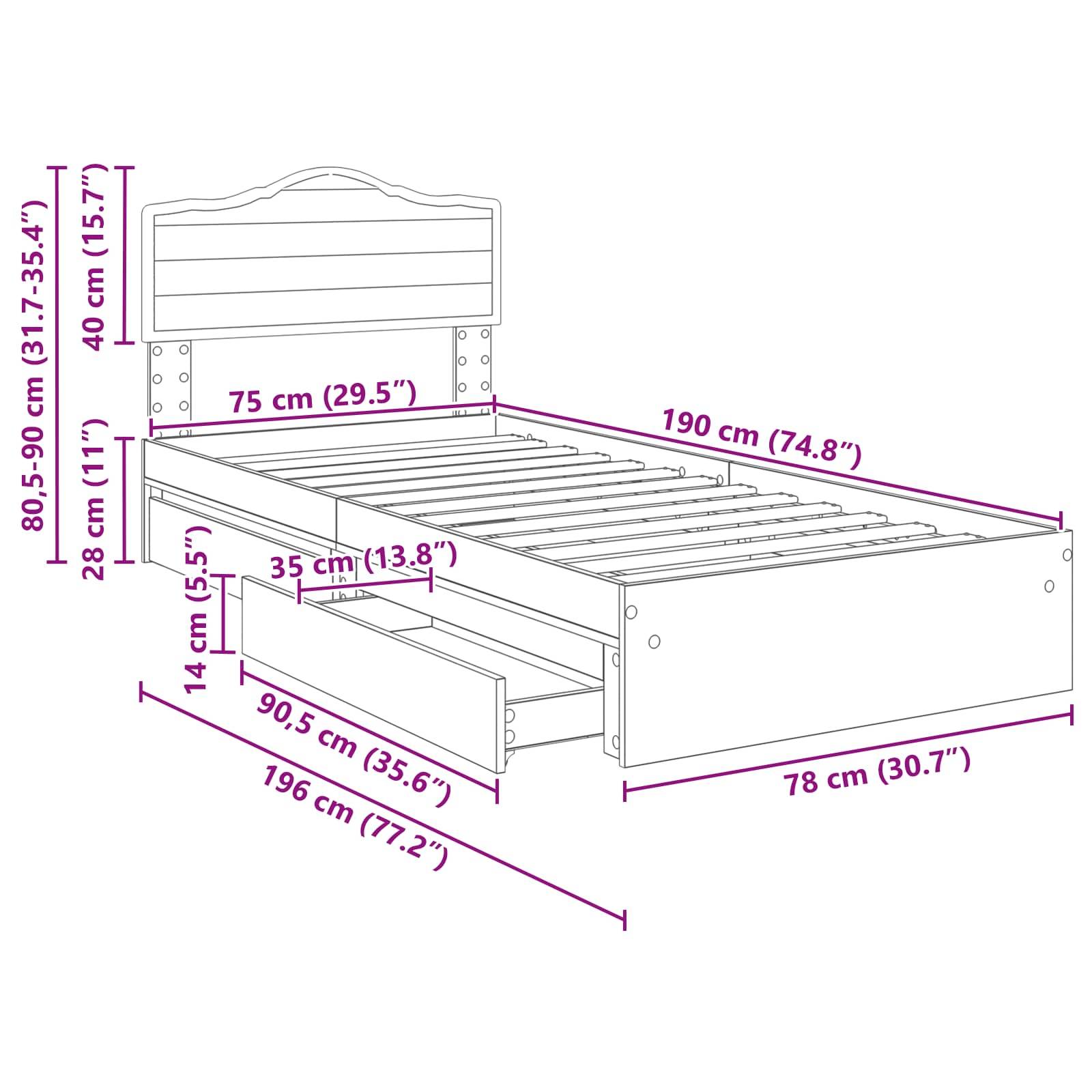 Diagramm eines Bettes mit Maßen: 196 cm Länge, 78 cm Breite und 80,5-90 cm Höhe. Enthält eine ausziehbare Schublade.