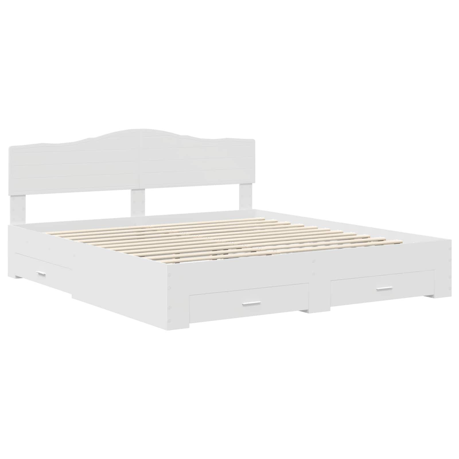 Weißes Holz-Plattformbett mit zwei Staurageschubladen darunter und einem schlichten Kopfteildesign.