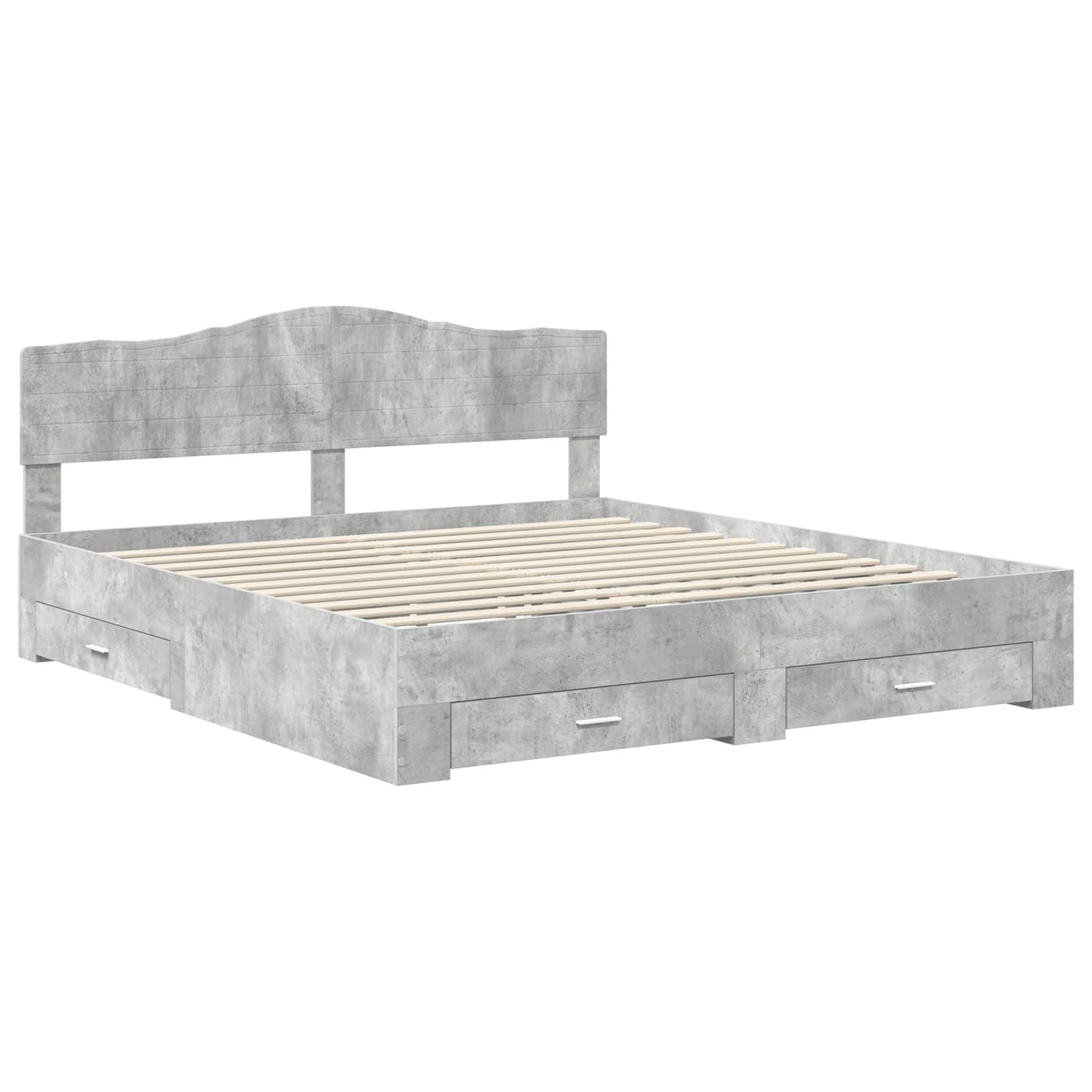 Ein grauer Holzbettrahmen mit Staurageschubladen darunter und einem Lattenrost-Kopfteil. Das Bett hat ein modernes Design.