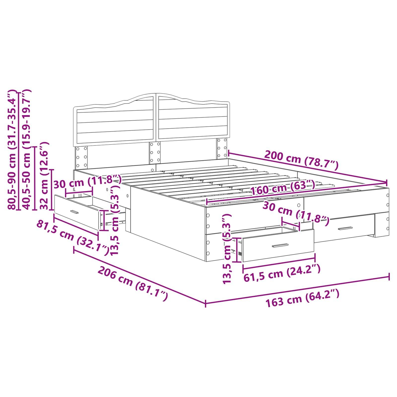 Bettrahmen-Diagramm mit Abmessungen: Länge 200 cm, Breite 140-160 cm, Höhe 80,5-90 cm. Inklusive Aufbewahrungsschubladen: 61,5 cm breit.
