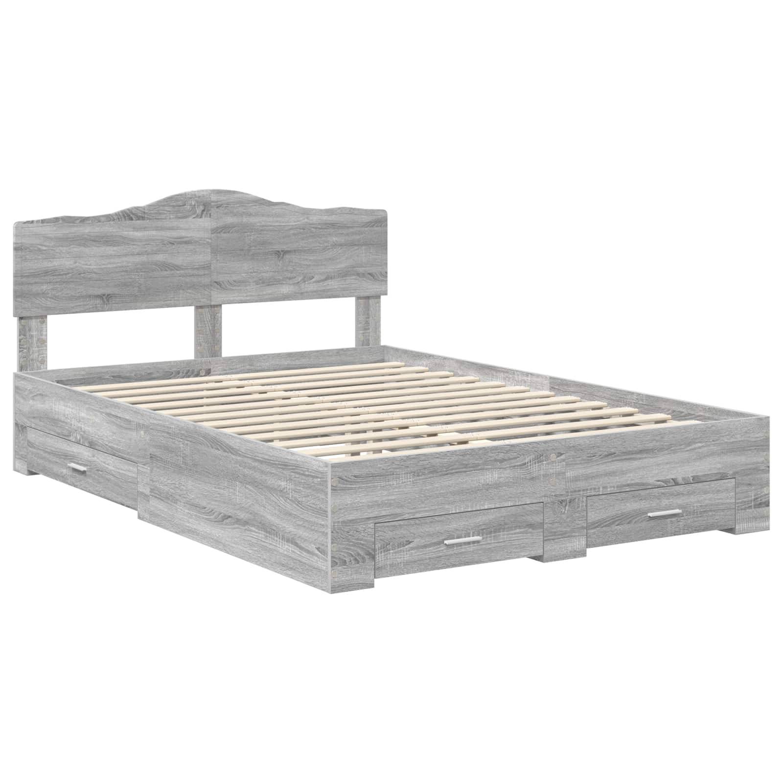 Ein grauer Holzbettrahmen mit Kopfteil, ausgestattet mit Schubladen unter dem Bett. Die Lattenrost ist sichtbar und für eine Matratze konzipiert.