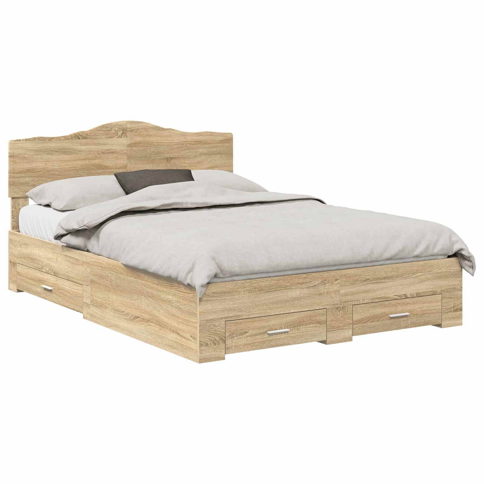 Ein Holzbett mit einer hellbraunen Oberfläche, ausgestattet mit einem Kopfteil und drei Staurageschubladen unter der Matratze, präsentiert mit weißer Bettwäsche.