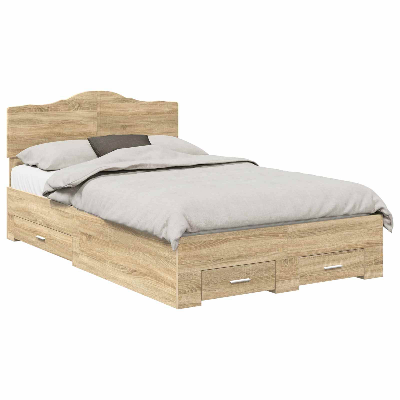 Ein Holzbett mit Kopfteil hat einen hellen Holzton und ein grau gepolstertes Kissen. Es verfügt über Staurageschubladen darunter.