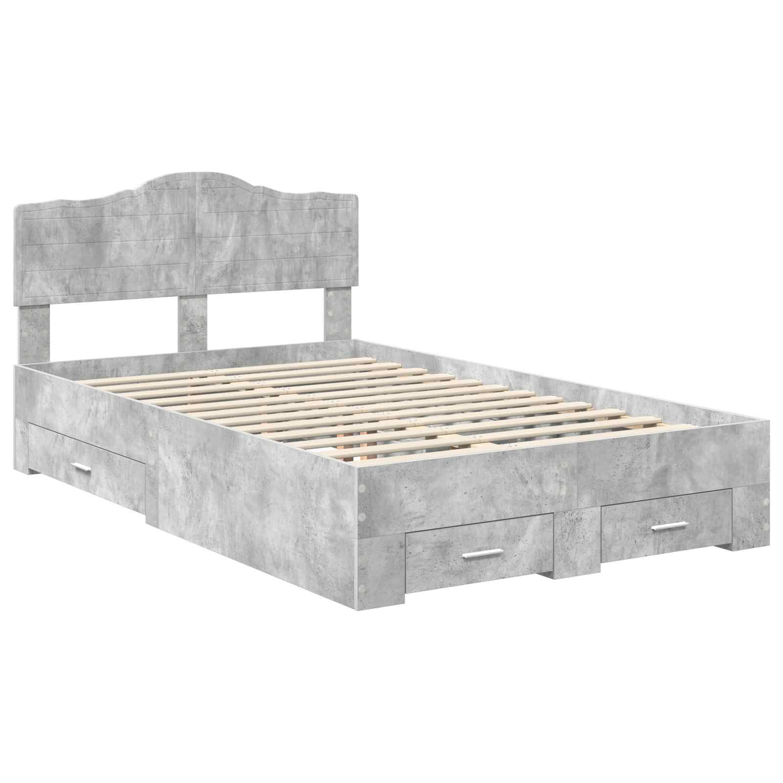 Ein graues Holz-Plattformbett mit Kopfteil und je zwei Schubladen auf jeder Seite, konstruiert für zusätzlichen Stauraum.