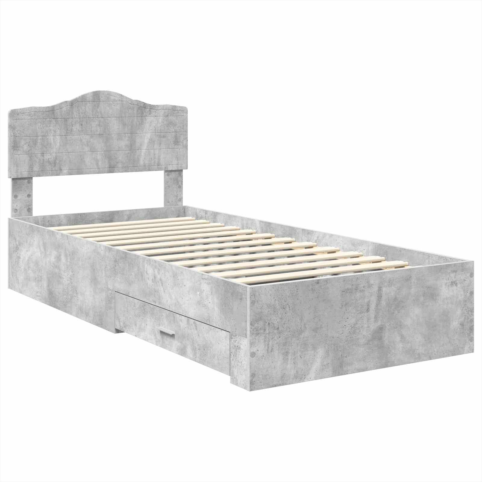 Einzelbettrahmen mit Betonoberfläche, Lattenrost und Kopfteil. Mit einer Schublade zur Aufbewahrung unter dem Bett.
