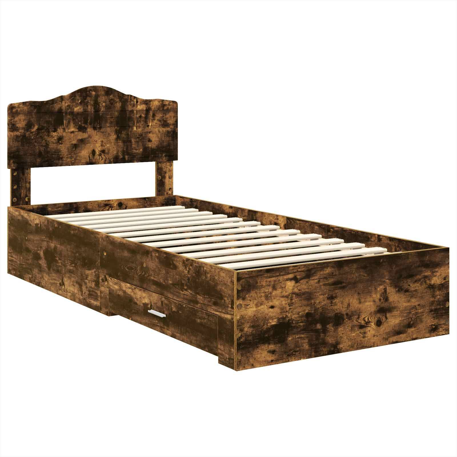 Ein Holzbett im Einzelbettformat mit rustikalem Finish, ausgestattet mit einem Kopfteil und einer Schublade darunter für Stauraum. Die Latten sind ohne Matratze sichtbar.
