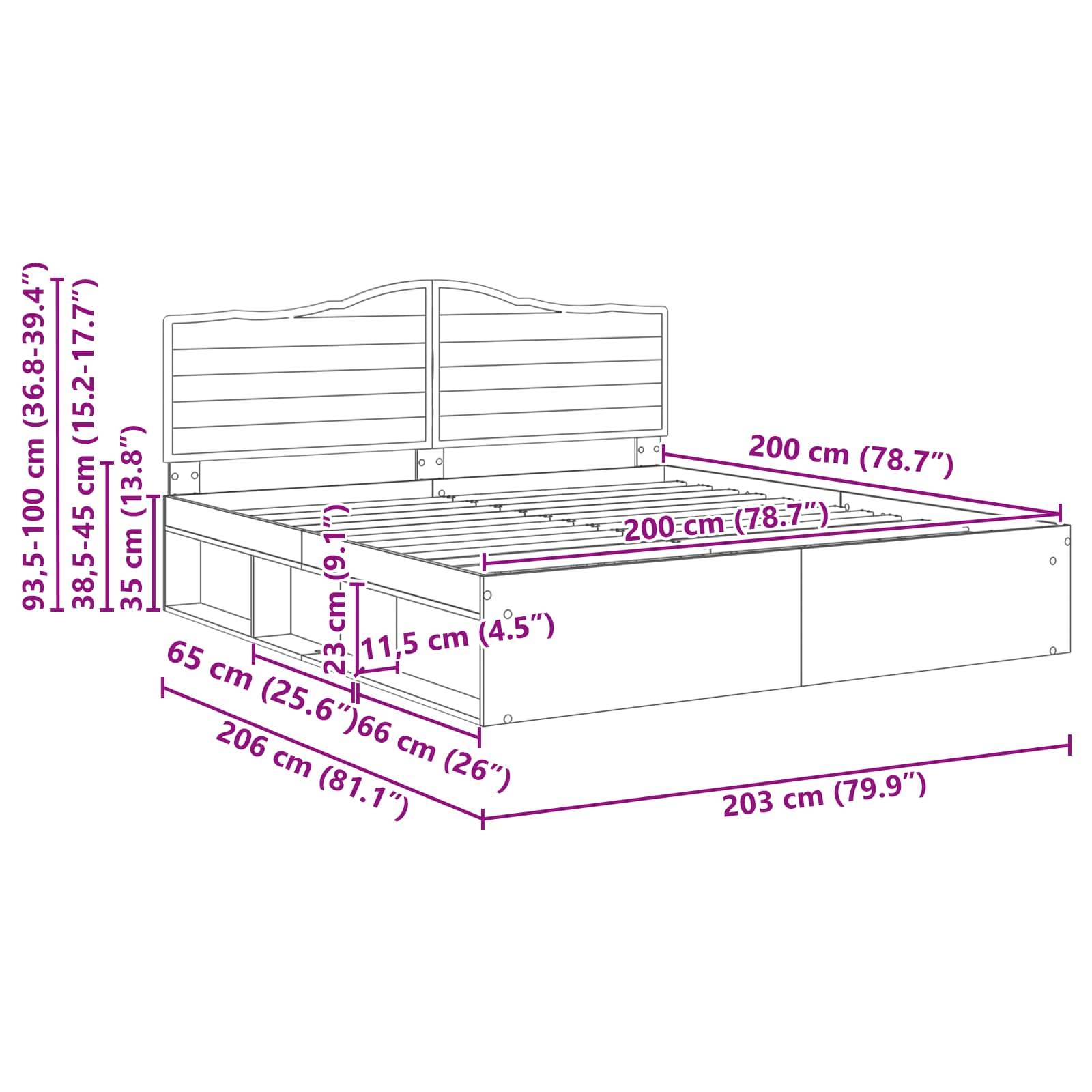 Darstellung eines Bettgestells mit Maßangaben in Zentimetern: Höhe 95-100 cm, Länge 206 cm, Breite 203 cm, mit Matratzenabmessung 200 cm.