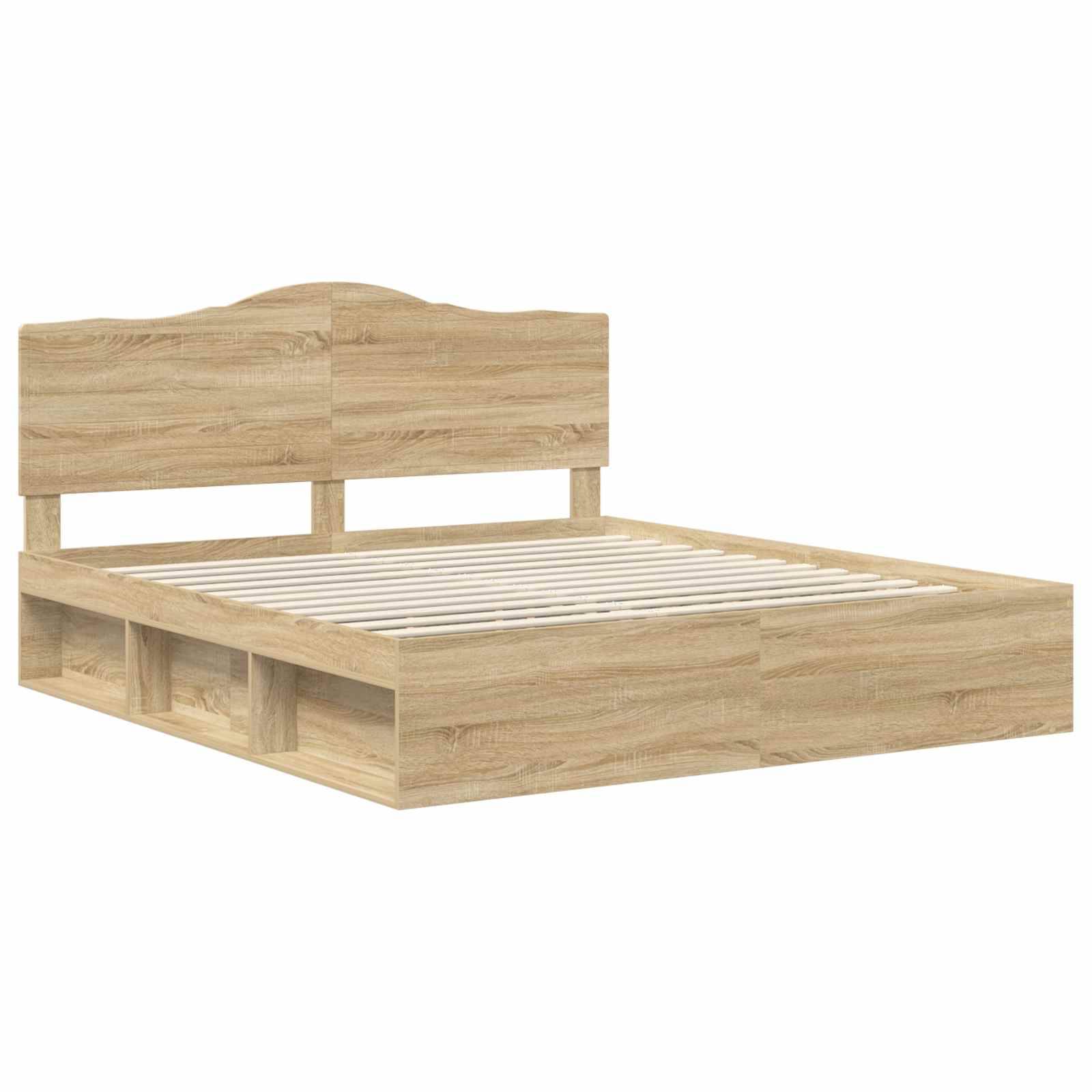 Ein Holzbettgestell mit Kopfteil, das eine natürliche Holzoberfläche aufweist und Stauraummöglichkeiten darunter bietet, was einen eleganten, modernen Look erzeugt.