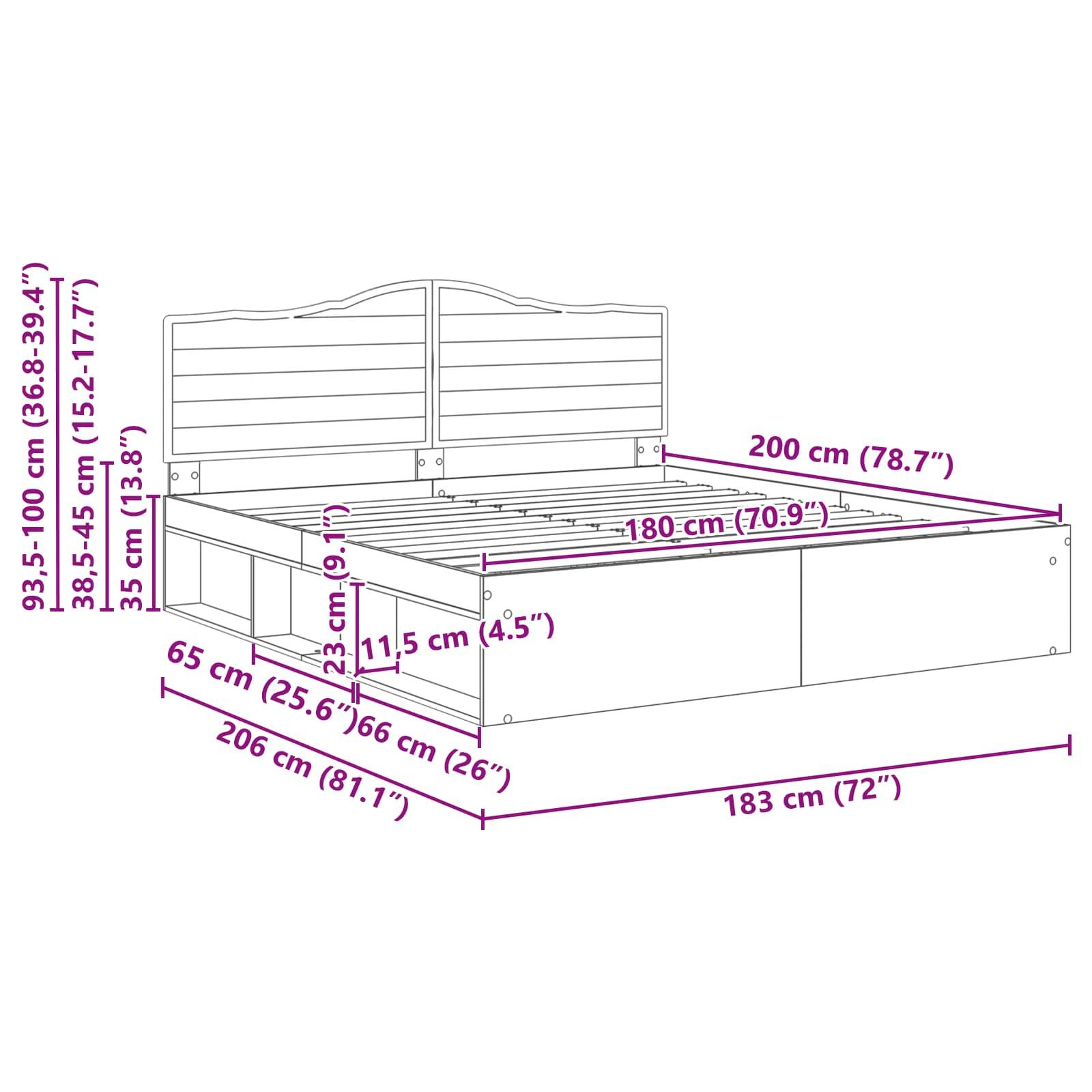 Diagramm eines Bettgestells mit Maßen. Breite: 183 cm (72