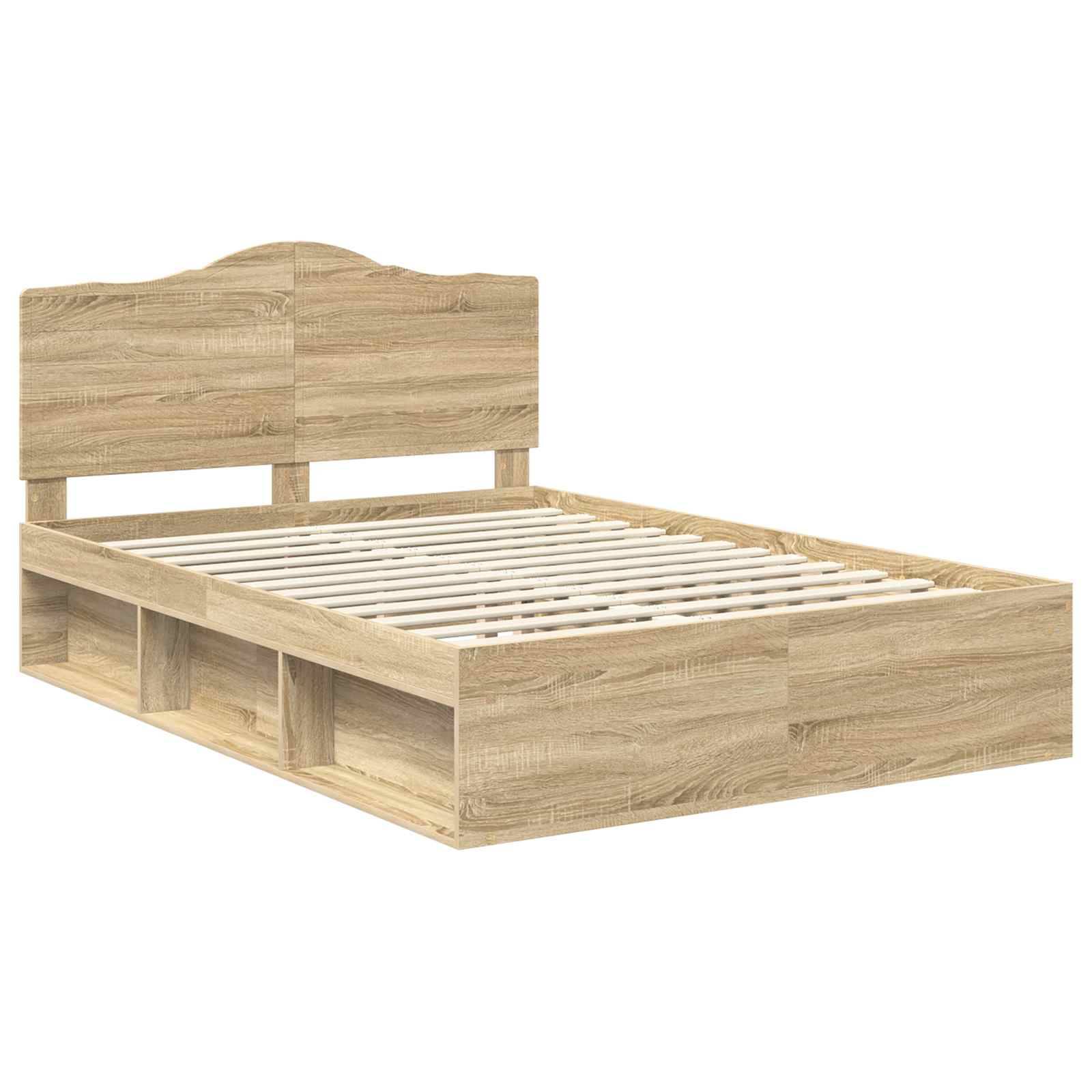 Holzbettrahmen mit Lattenrost und schlichtem Kopfteil, ausgestattet mit Stauraum-Schubladen unter dem Bett, in einer hellen Holzoptik präsentiert.