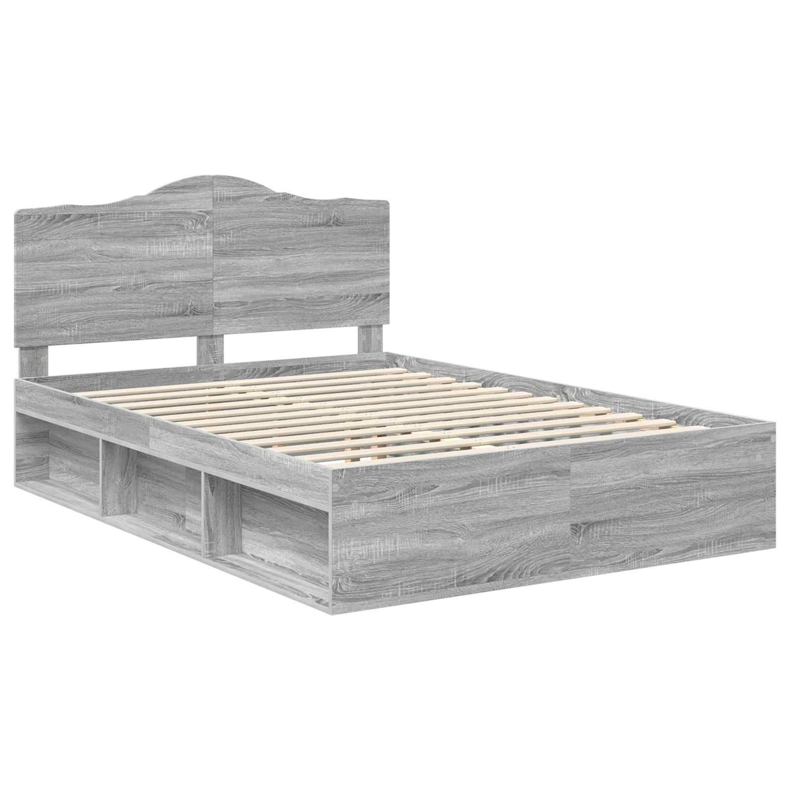 Ein grauer Holzbettrahmen mit einem Kopfteil und einer Lattenrost-Basis, der Stauraummöglichkeiten unter dem Bett aufweist. Keine Matratze ist zu sehen.