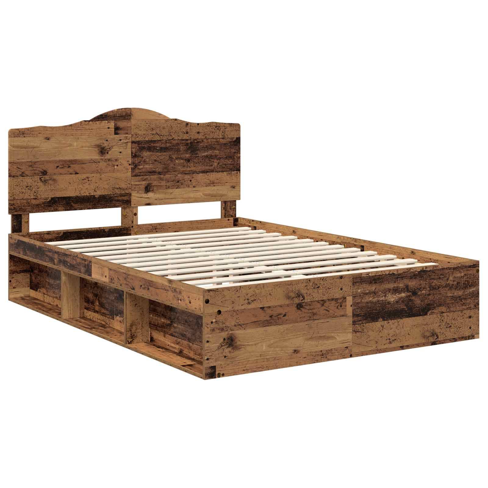 Ein Holzbettgestell mit rustikalem Design verfügt über eine Lattenbasis und einen schlichten Kopfteil und präsentiert eine strukturierte, verwitterte Holzoberfläche.