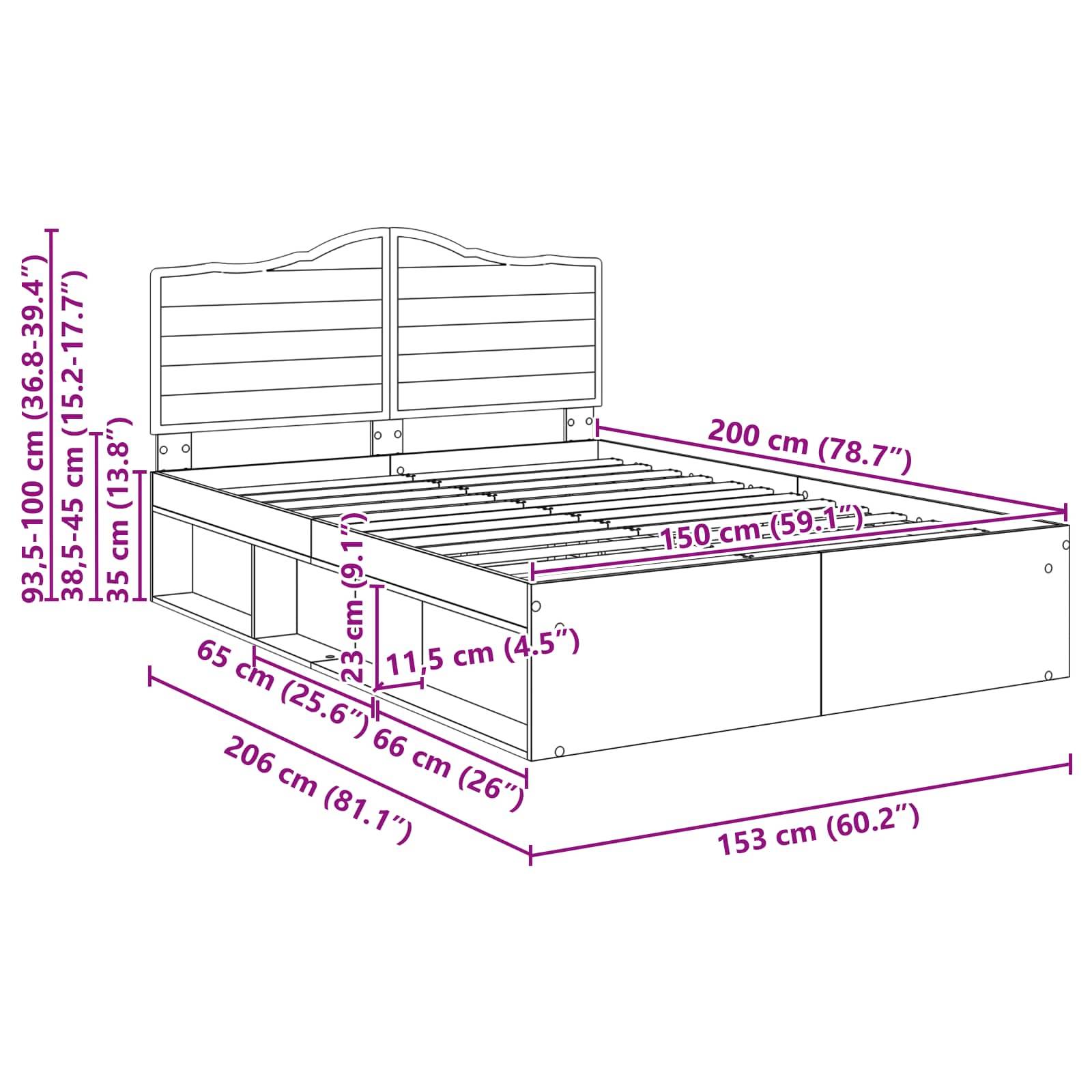 Bettrahmen-Diagramm mit Maßen in Zentimetern und Zoll. Breite: 153 cm (60,2