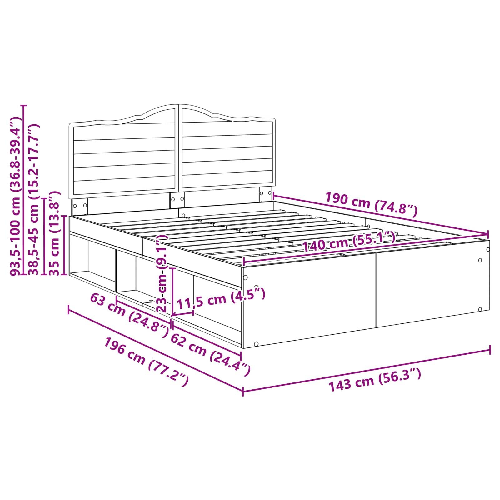 Diagramm eines Bettes mit Maßen: Länge 196 cm (77,2
