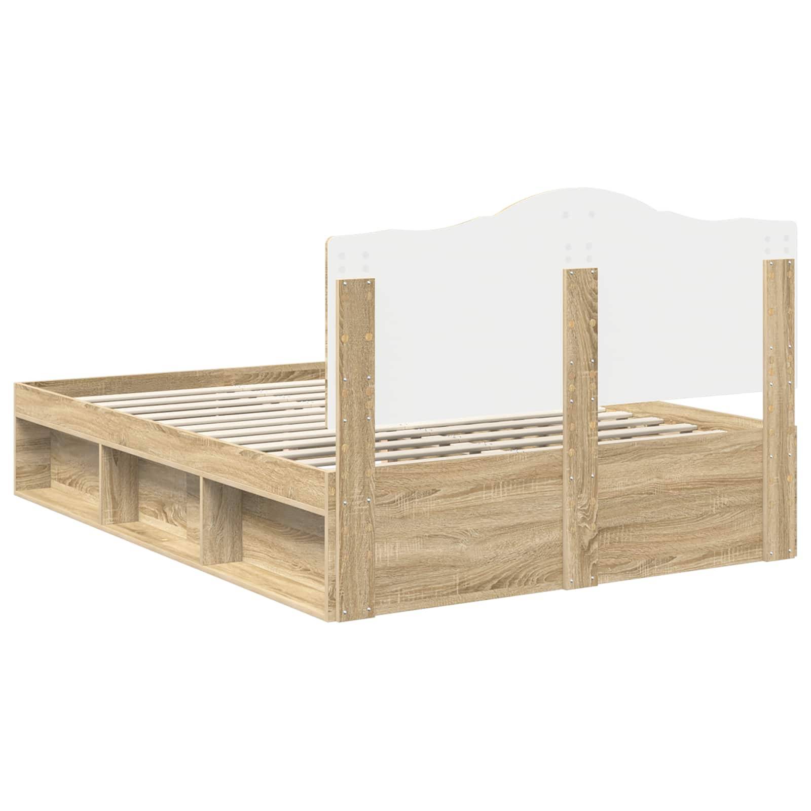 Holzbettgestell mit hohem Kopfteil, ausgestattet mit Stauraummöglichkeiten unter dem Bett.