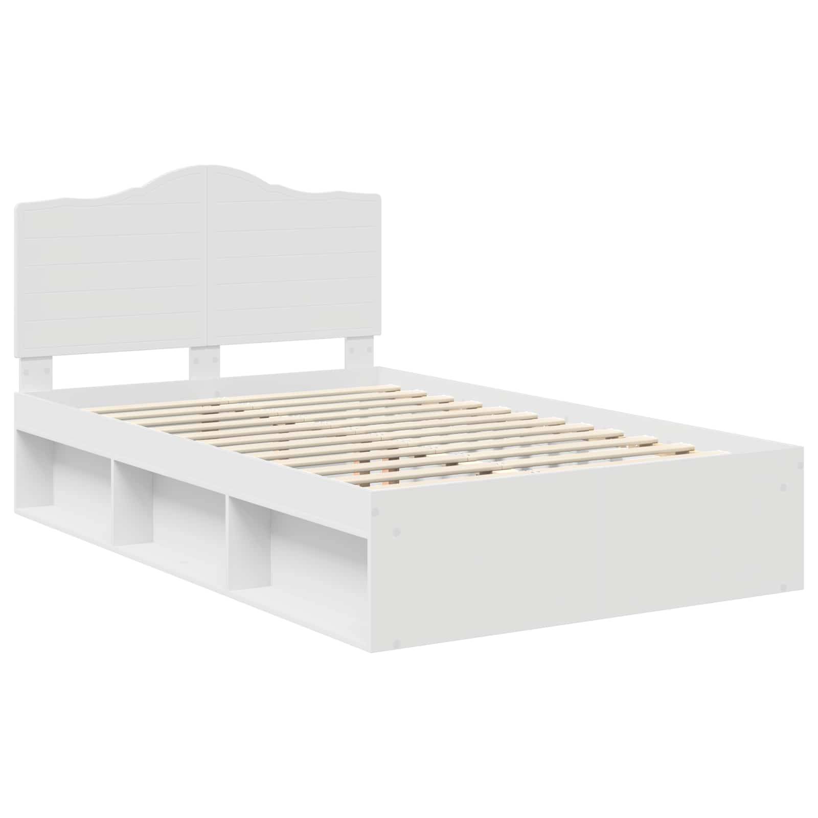 Weißes Holzbett mit Lattenrost und Stauraummöglichkeiten unter dem Bett, ausgestattet mit einem schlichten Kopfteil-Design.