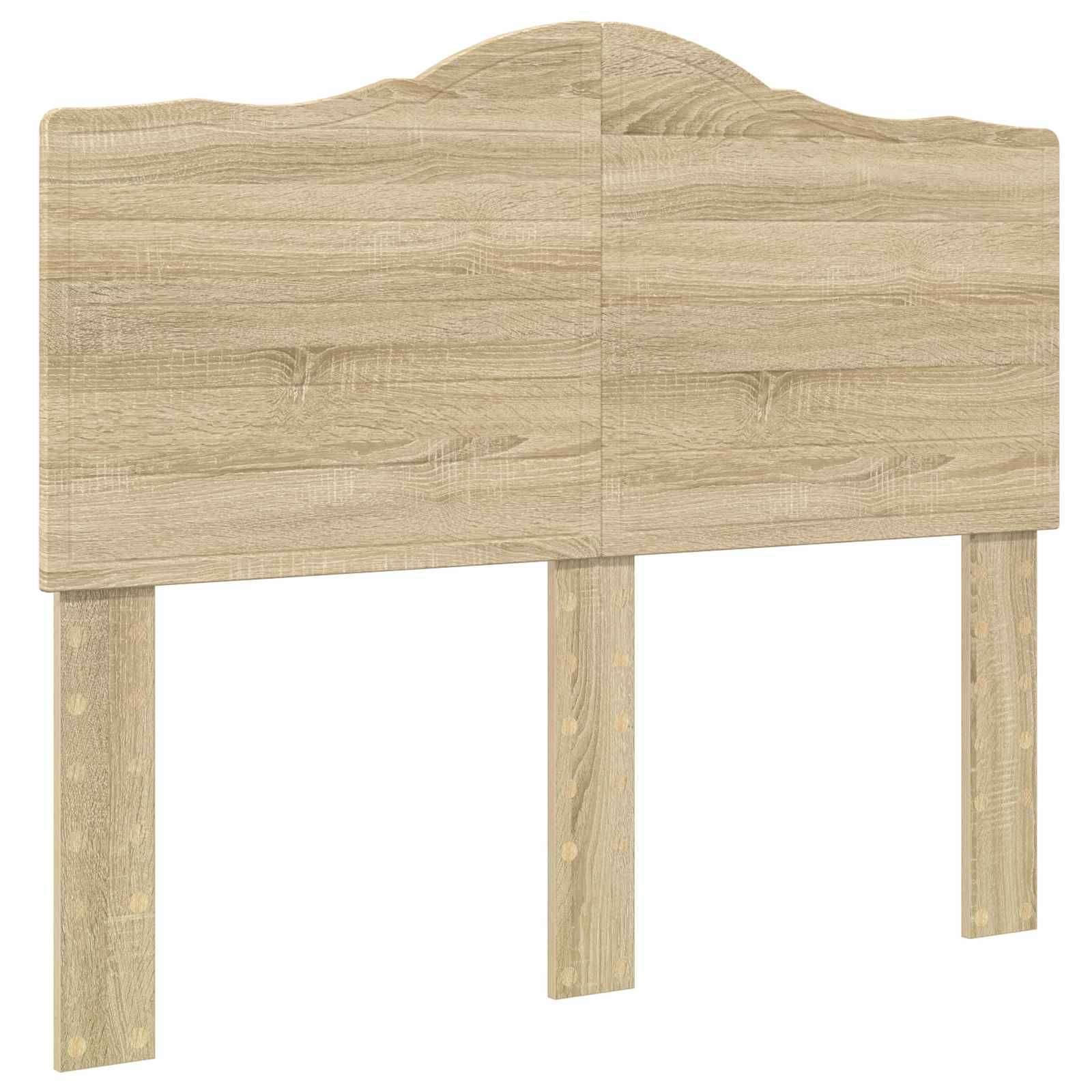 Helles Holz-Kopfteil mit vertikalen Stützen und einer geschwungenen oberen Kante, das ein einfaches und rustikales Design präsentiert.