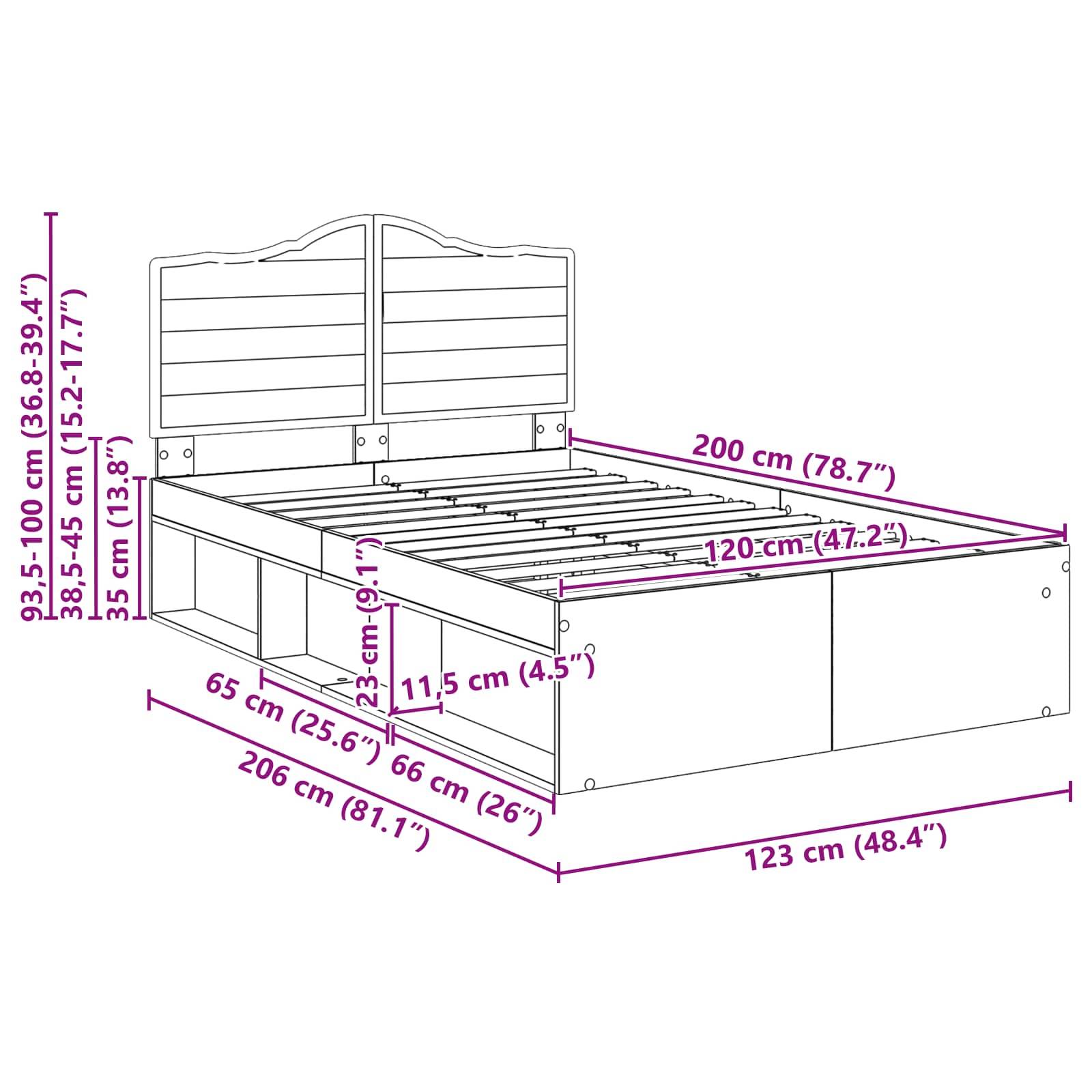 Bettdiagramm mit Maßen: Länge 206 cm, Breite 123 cm, Höhe 93,5-100 cm. Inklusive Kopfteil, Matratzenunterstützung, Stauraum.