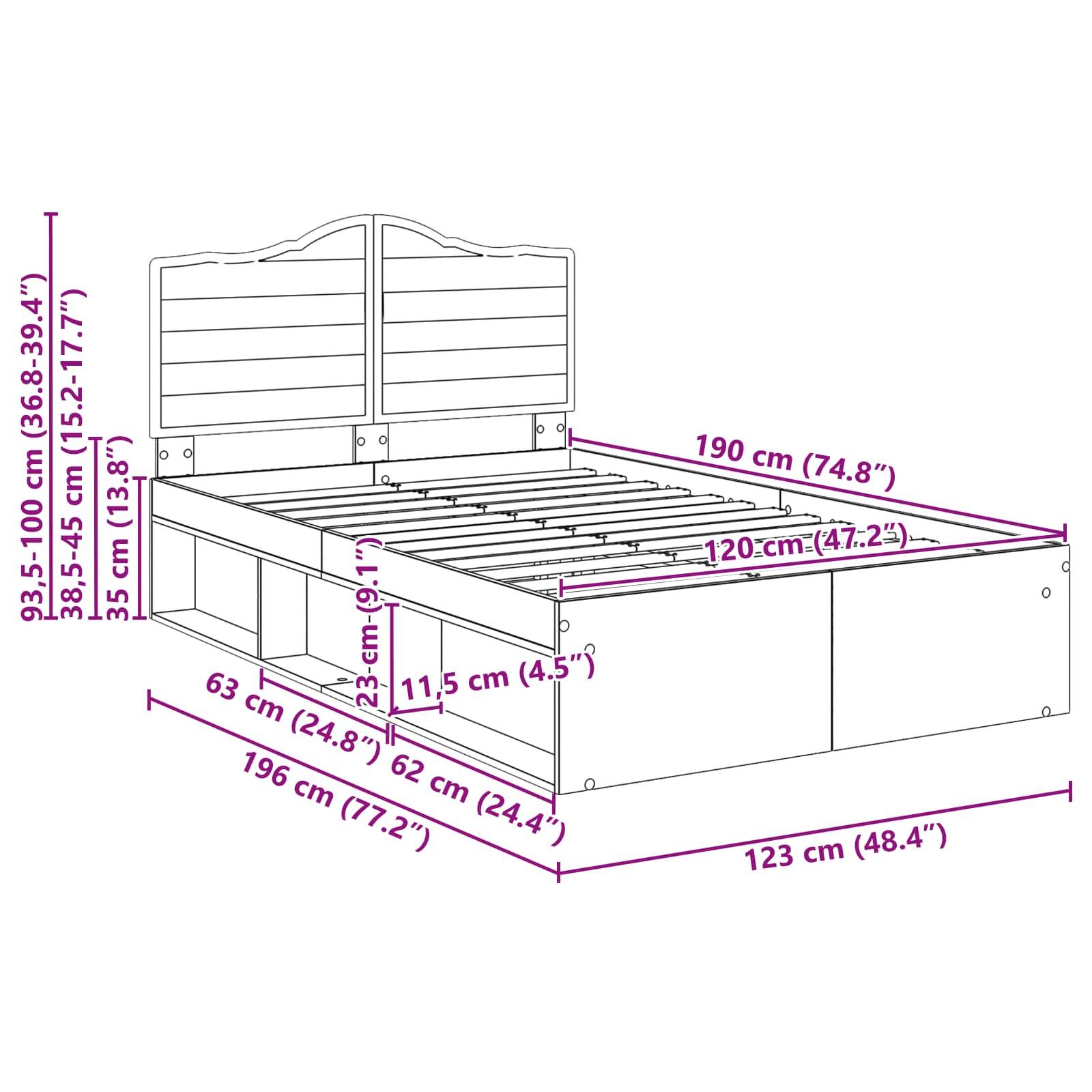 Bettrahmenabmessungen: Breite 120 cm (47,2 Zoll), Länge 190 cm (74,8 Zoll). Kopfteilhöhe verstellbar von 93,5-100 cm (36,8-39,4 Zoll).