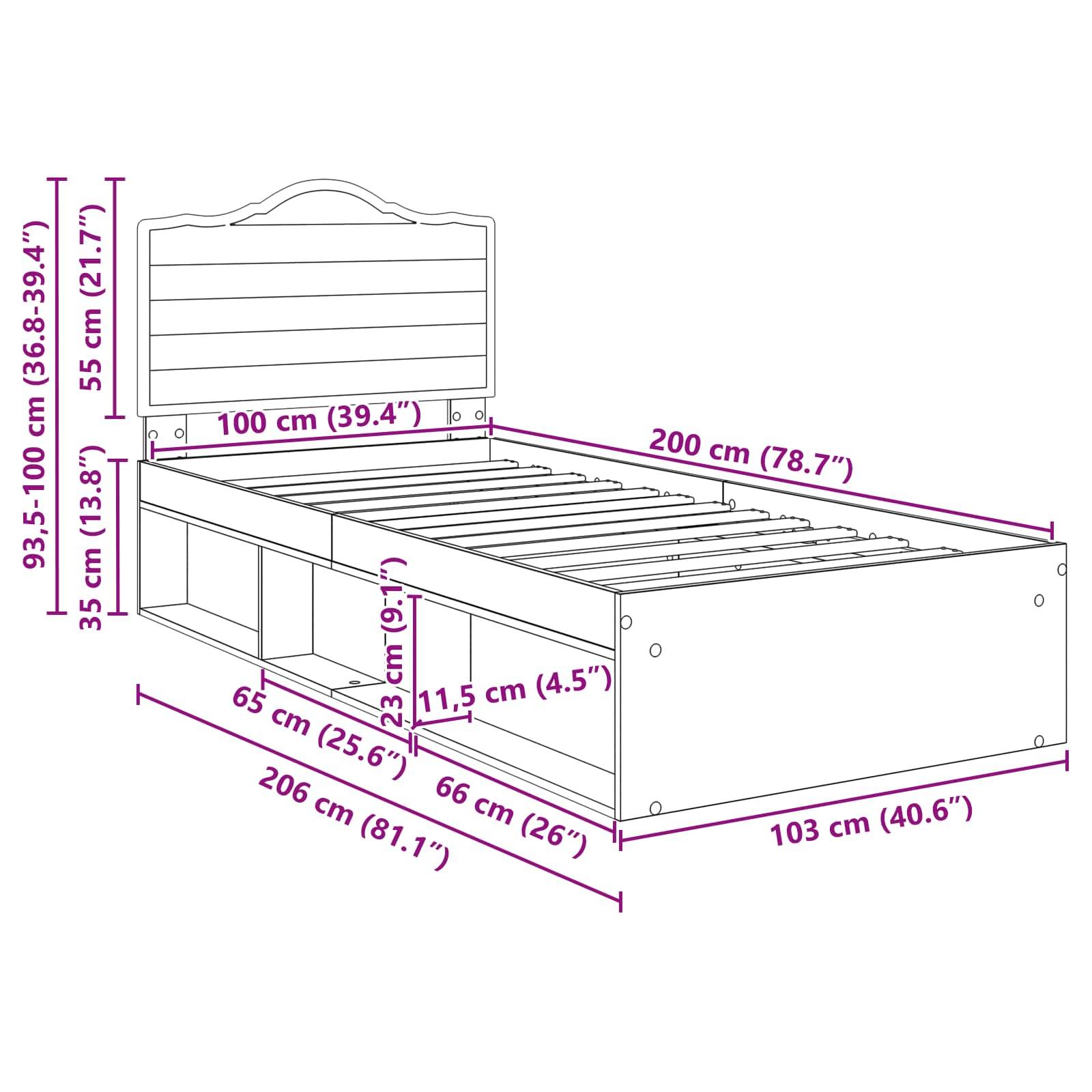 Diagramm eines Bettgestells mit Maßen: Höhe 93,5-100 cm, Breite 100 cm, Länge 200 cm. Stauraum darunter ist 23 cm hoch und 65 cm breit.