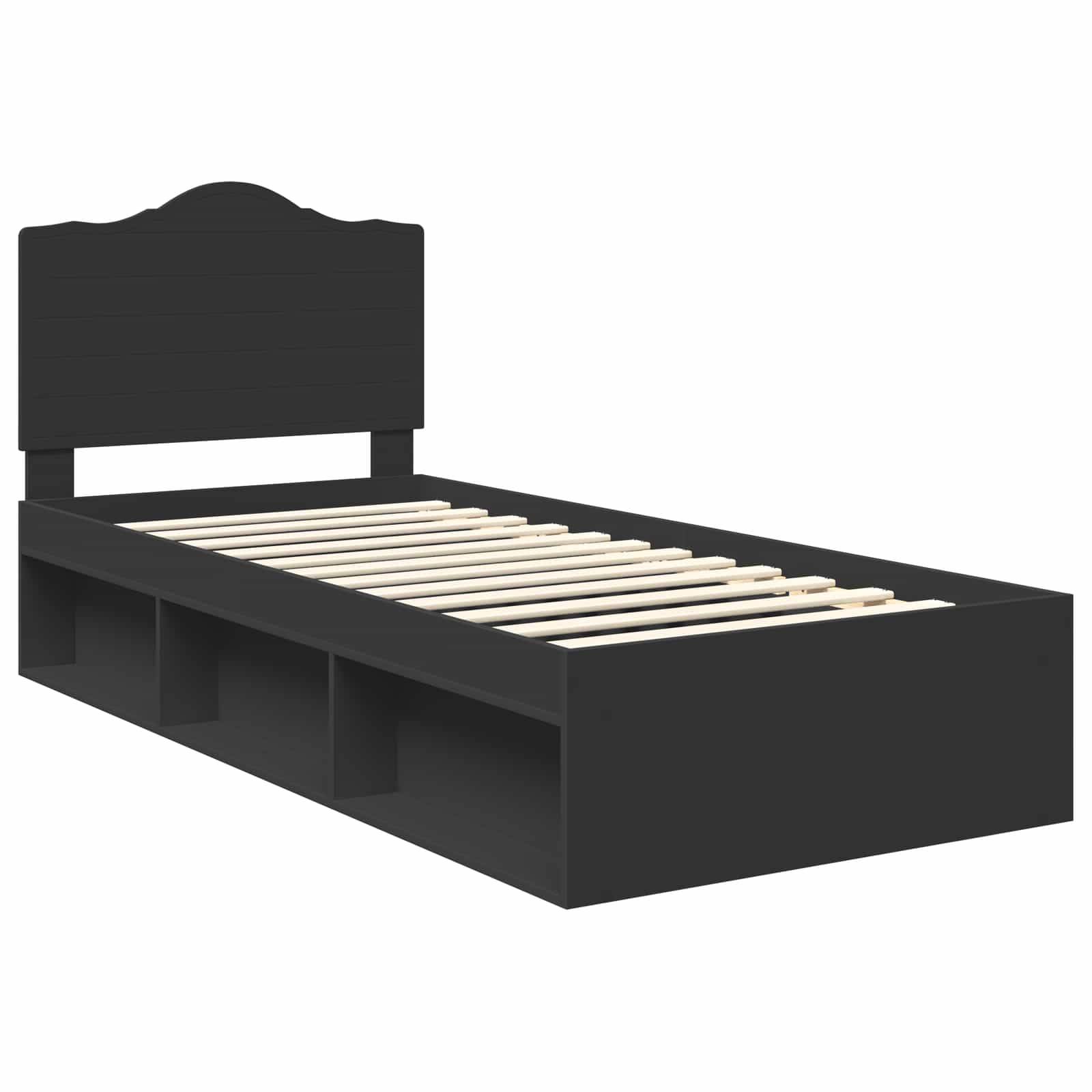 Ein schwarzer Doppelbett-Rahmen mit integrierten Stauraummöglichkeiten unter dem Bett und einem dekorativen Kopfteil.