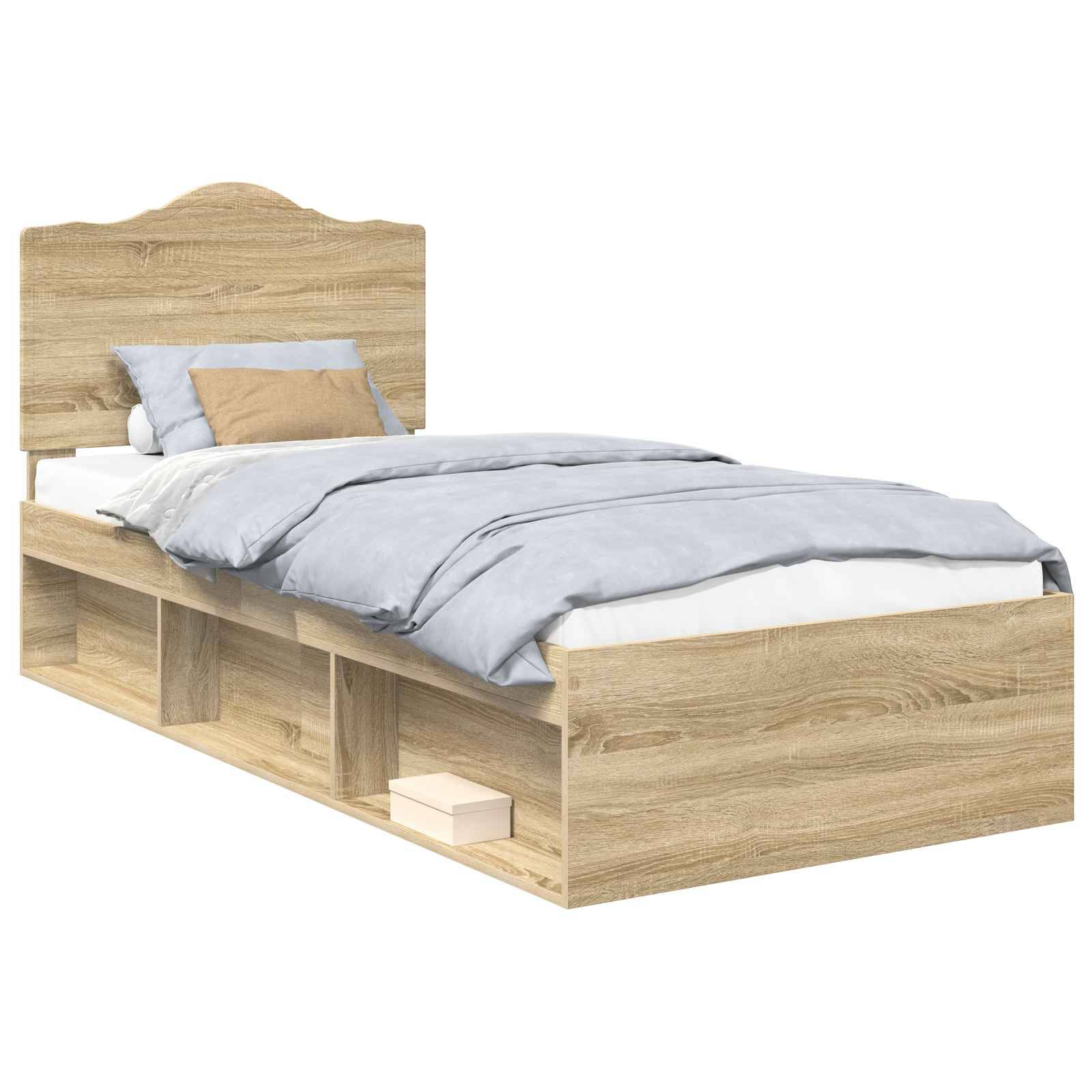 Ein Holzbettgestell mit Kopfteil und integrierten Regalen darunter, überzogen mit hellblauen Bettwäsche und einem beigen Kissen.