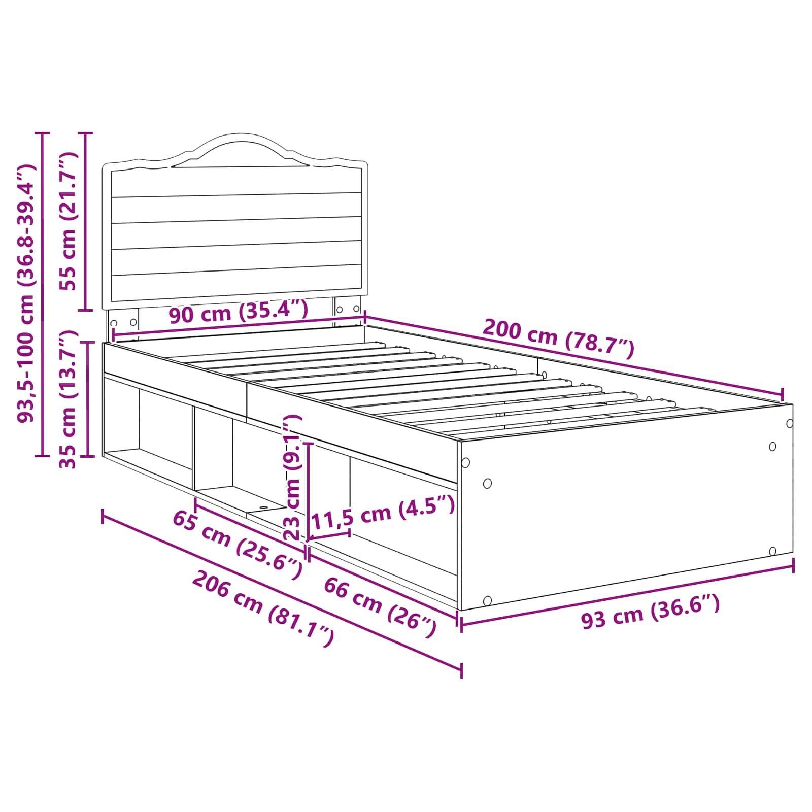 Eine technische Zeichnung eines Bettes mit Stauraum, die folgende Maße zeigt: 200 cm (78,7") Länge, 90 cm (35,4"") Breite, mit Regalabmessungen.