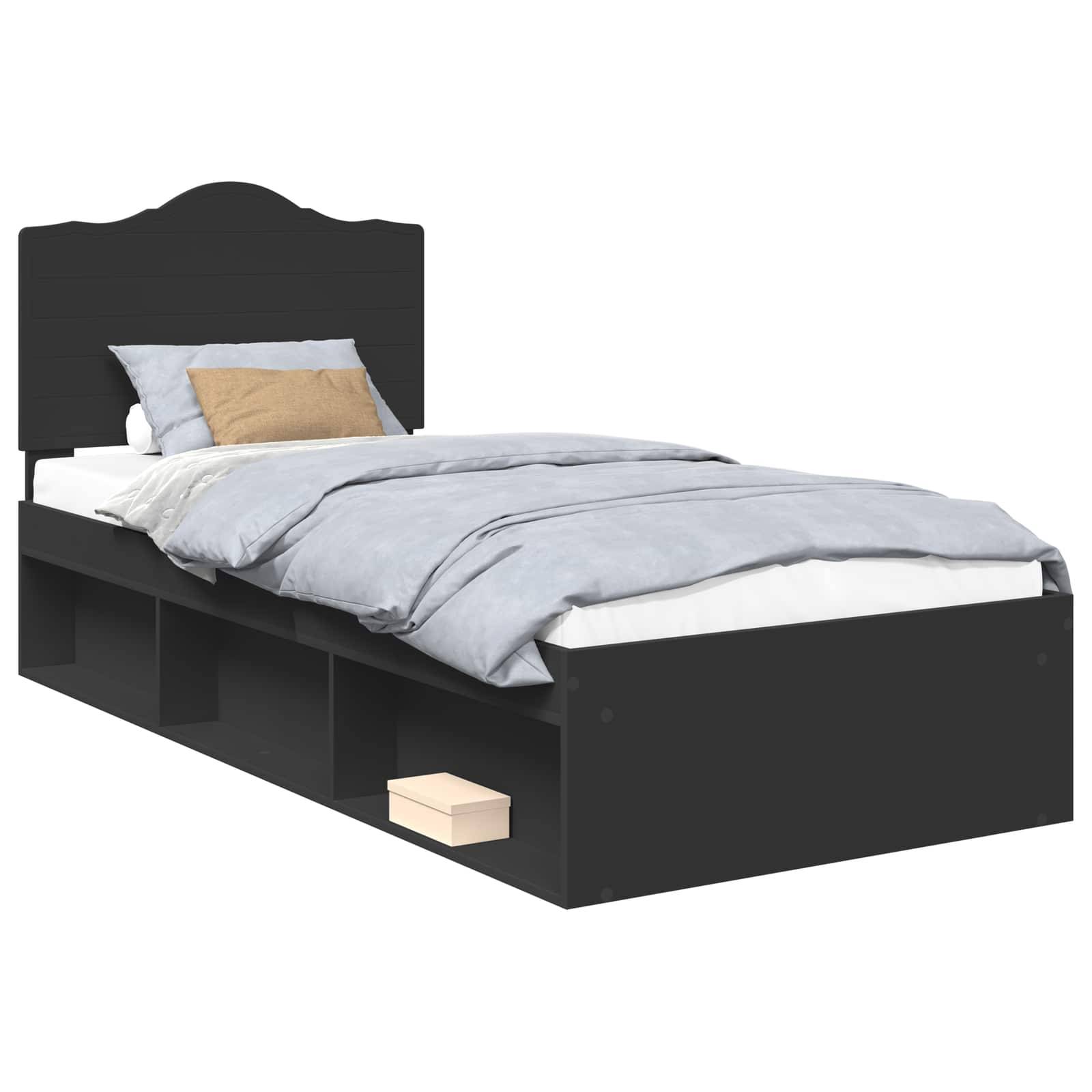 Ein schwarzes Stauraumbett mit Kopfteil, ausgestattet mit hellblauen Bettwäsche und beigen Kissen. Regale darunter halten eine kleine beige Box.