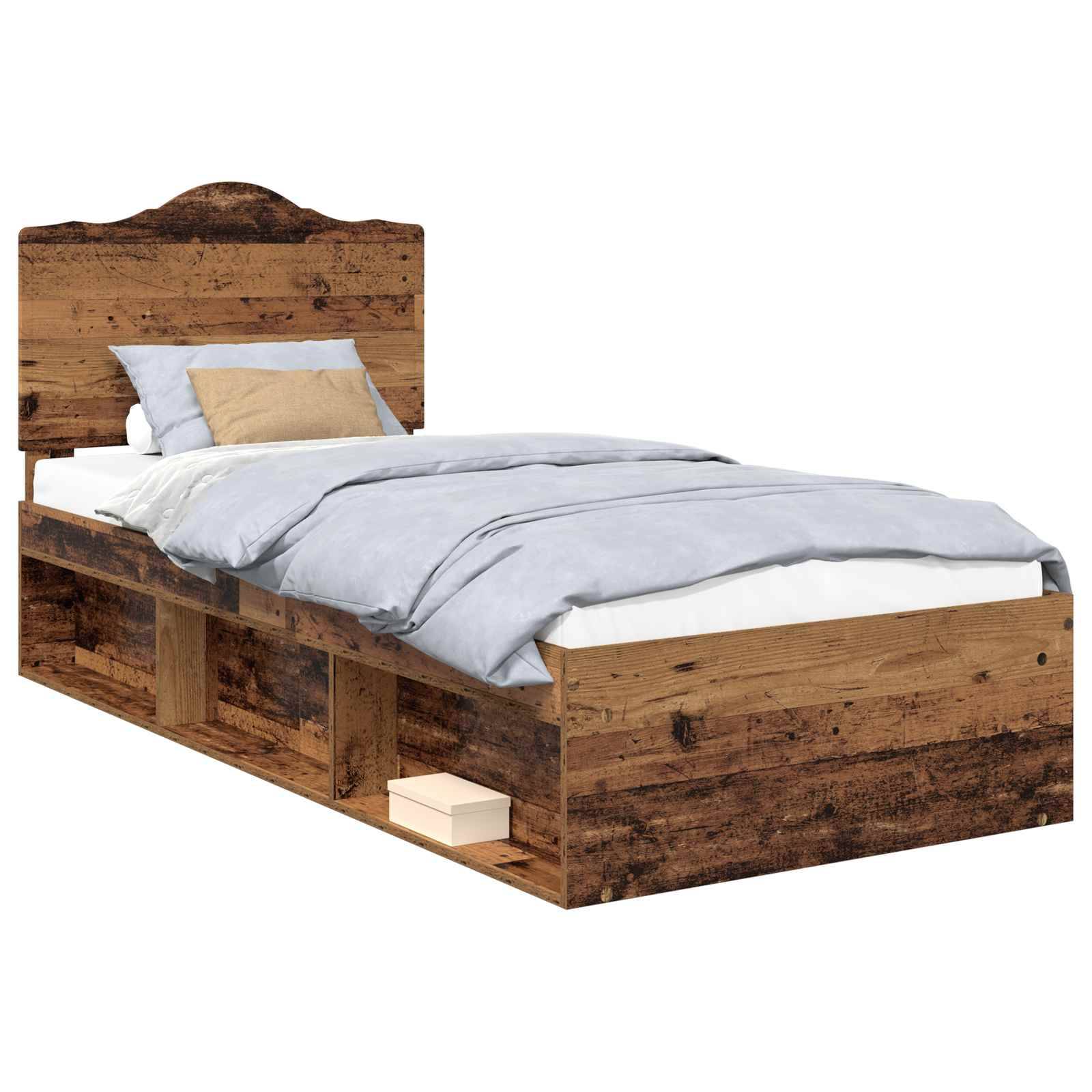 Holzbett in Einzelgröße mit rustikaler Oberfläche, hohem Kopfteil und Stauraum unter dem Bett. Es ist mit hellblauen Bettwäsche und neutralen Kissen ausgestattet.