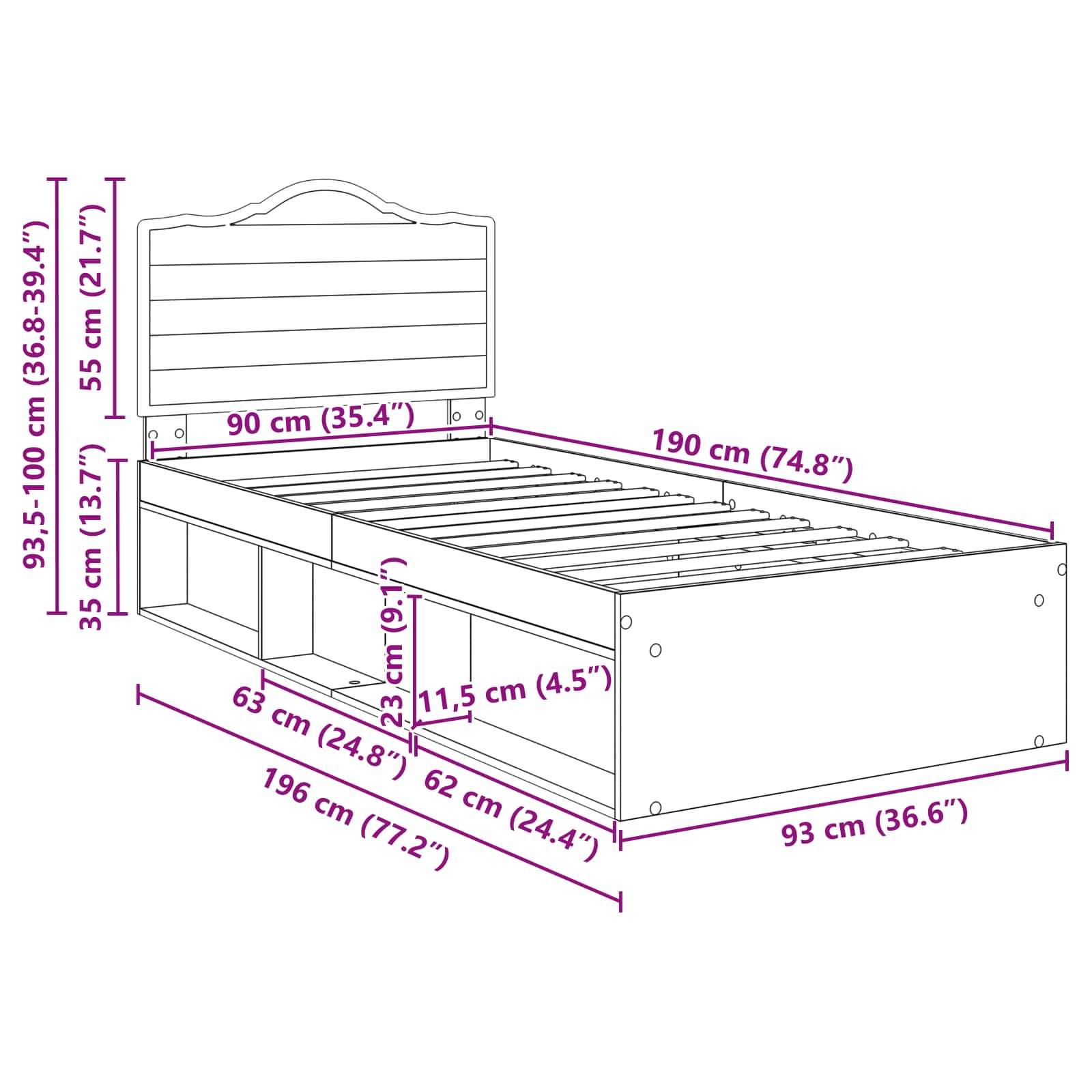 Eine Linienzeichnung eines Bettes mit in Lila angegebenen Abmessungen. Das Bett ist 190 cm lang und 93 cm breit. Es verfügt über integrierte Stauraummöglichkeiten.