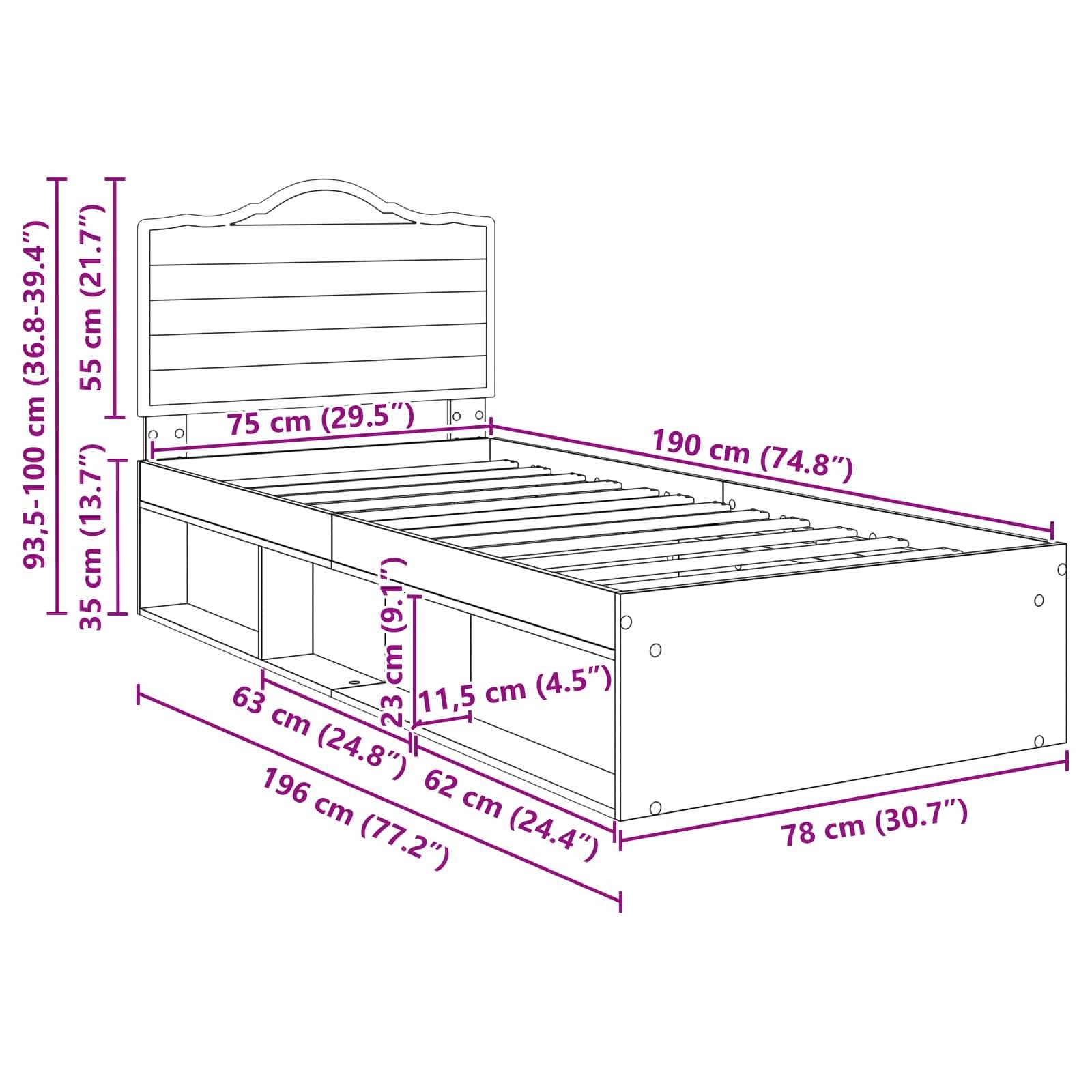 Technische Zeichnung eines Bettes mit beschrifteten Maßen: 190 cm (Länge), 78 cm (Breite) und Höhenbereich von 93,5-100 cm. Inklusive Stauraummöglichkeiten.