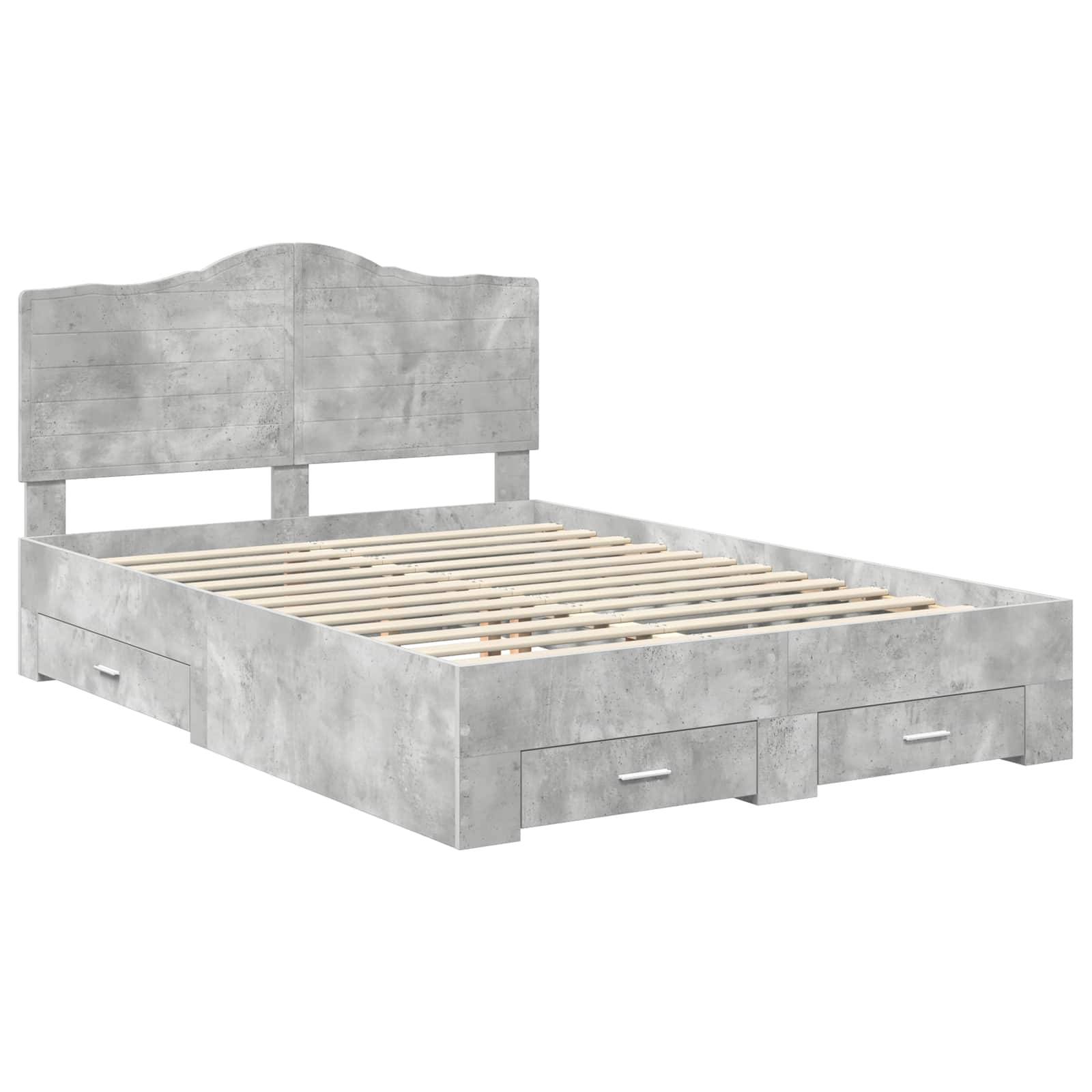 Ein graues Holzplattformbett mit hohem Kopfteil und vier ausziehbaren Lagerschubladen unter der Lattenrostbasis.
