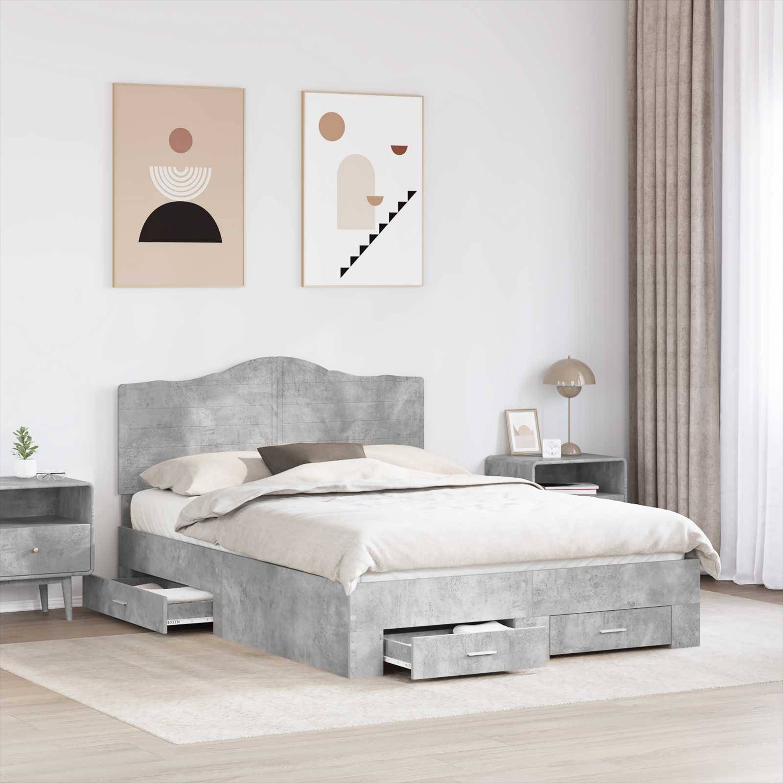 vidaXL Bettrahmen mit Kopfteil Beton Grau 140 x 190 cm Holzwerkstoff