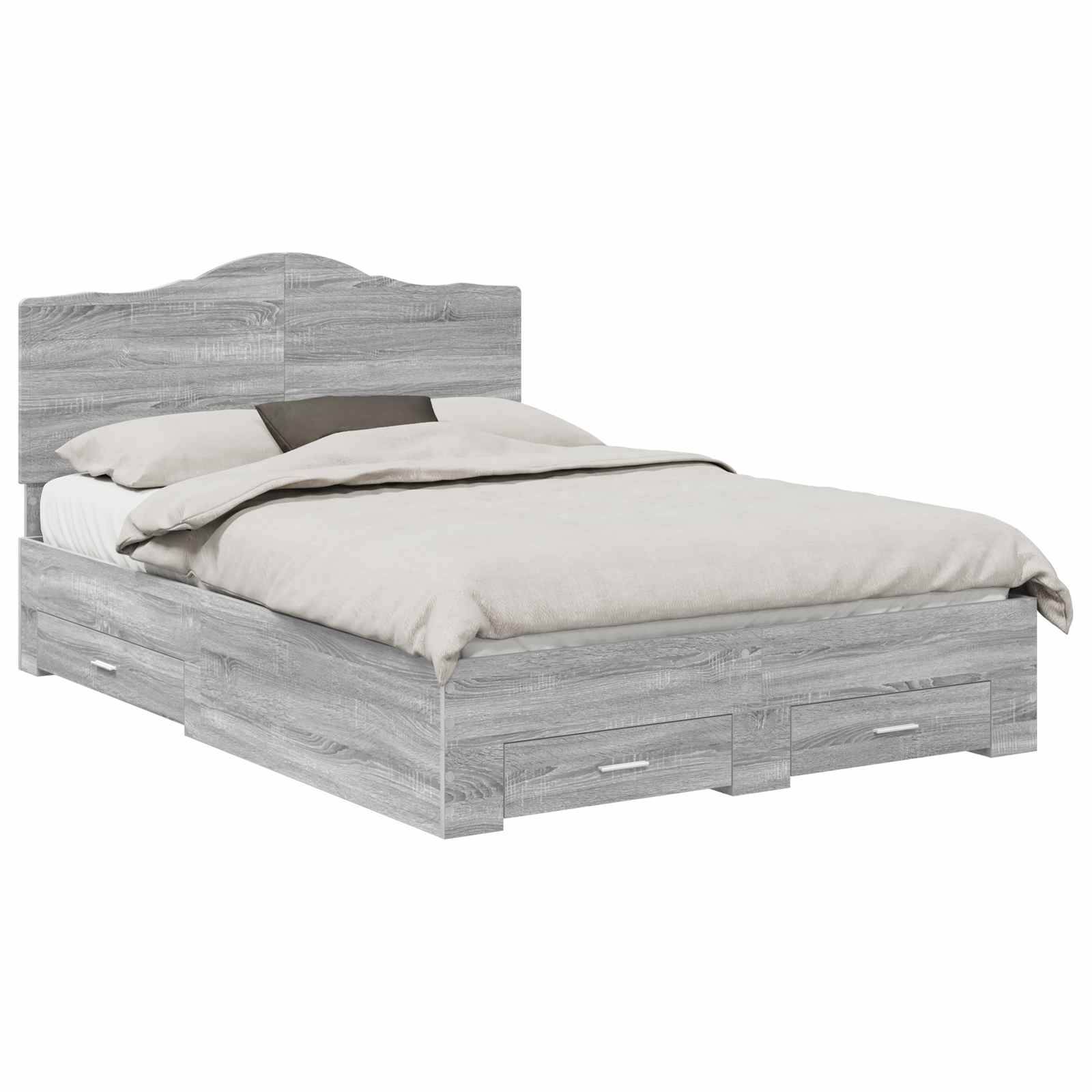 Ein modernes graues Holzbett mit hohem Kopfteil, ausgestattet mit einer beigen Bettdecke und Kissen. Das Bett verfügt über integrierte Aufbewahrungsschubladen.