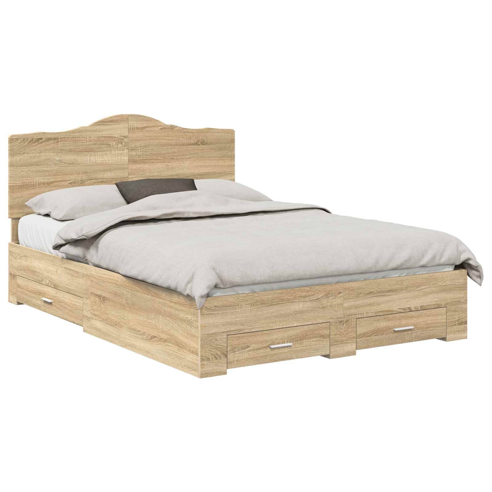Ein Holzbett mit heller Holzoberfläche, ausgestattet mit einem gewölbten Kopfteil und drei Aufbewahrungsschubladen unter der Matratze.