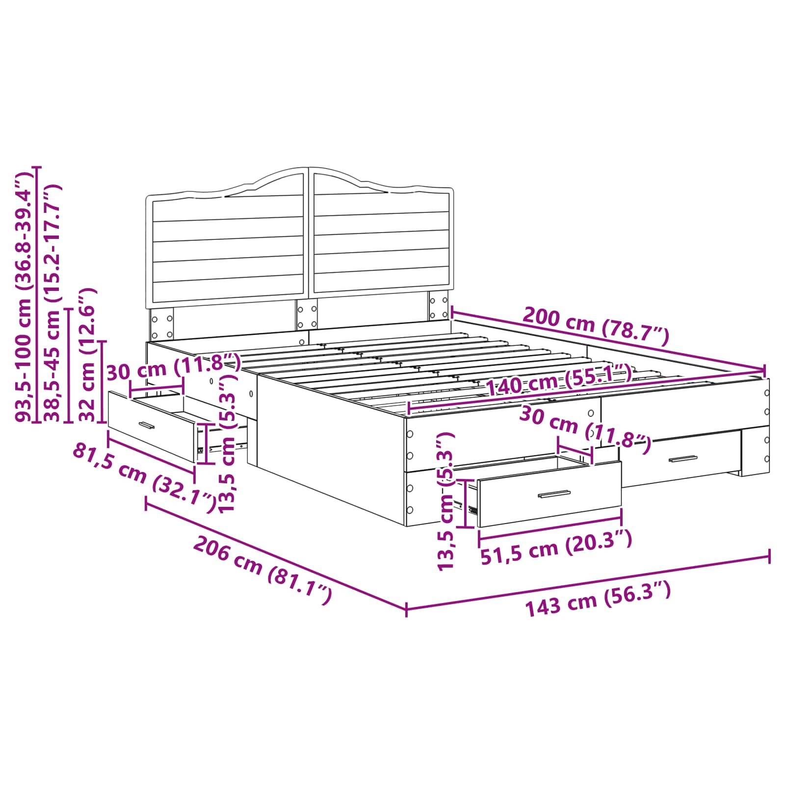Eine Skizze eines Bettes mit Maßangaben einschließlich Höhe (35-100 cm), Breite (143 cm), Länge (206 cm) und Schublademabmessungen in Zentimetern.