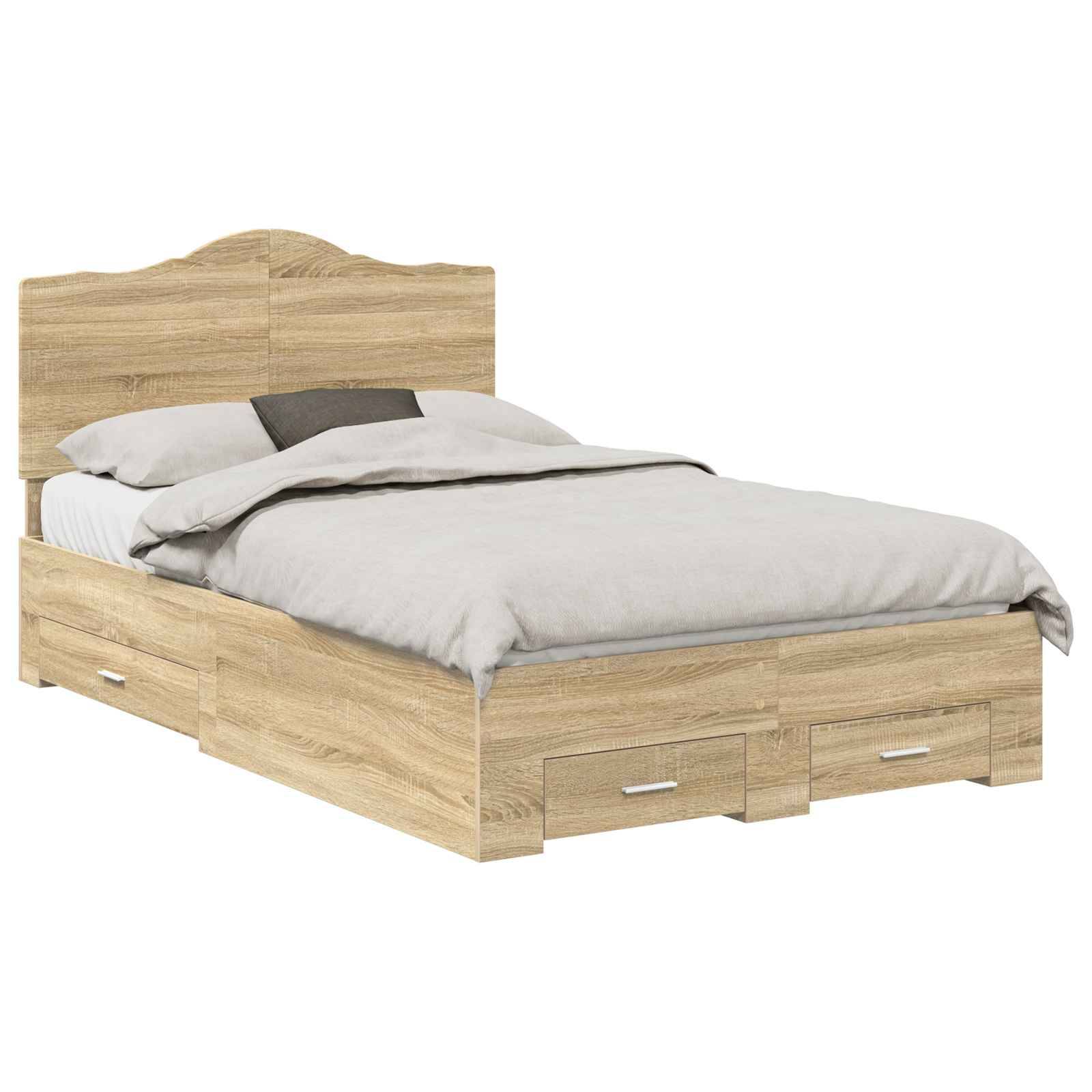 Ein Holzbett mit hohem Kopfteil, einer hellgrauen Bettdecke und Kissen. Es verfügt über Aufbewahrungsschubladen darunter.