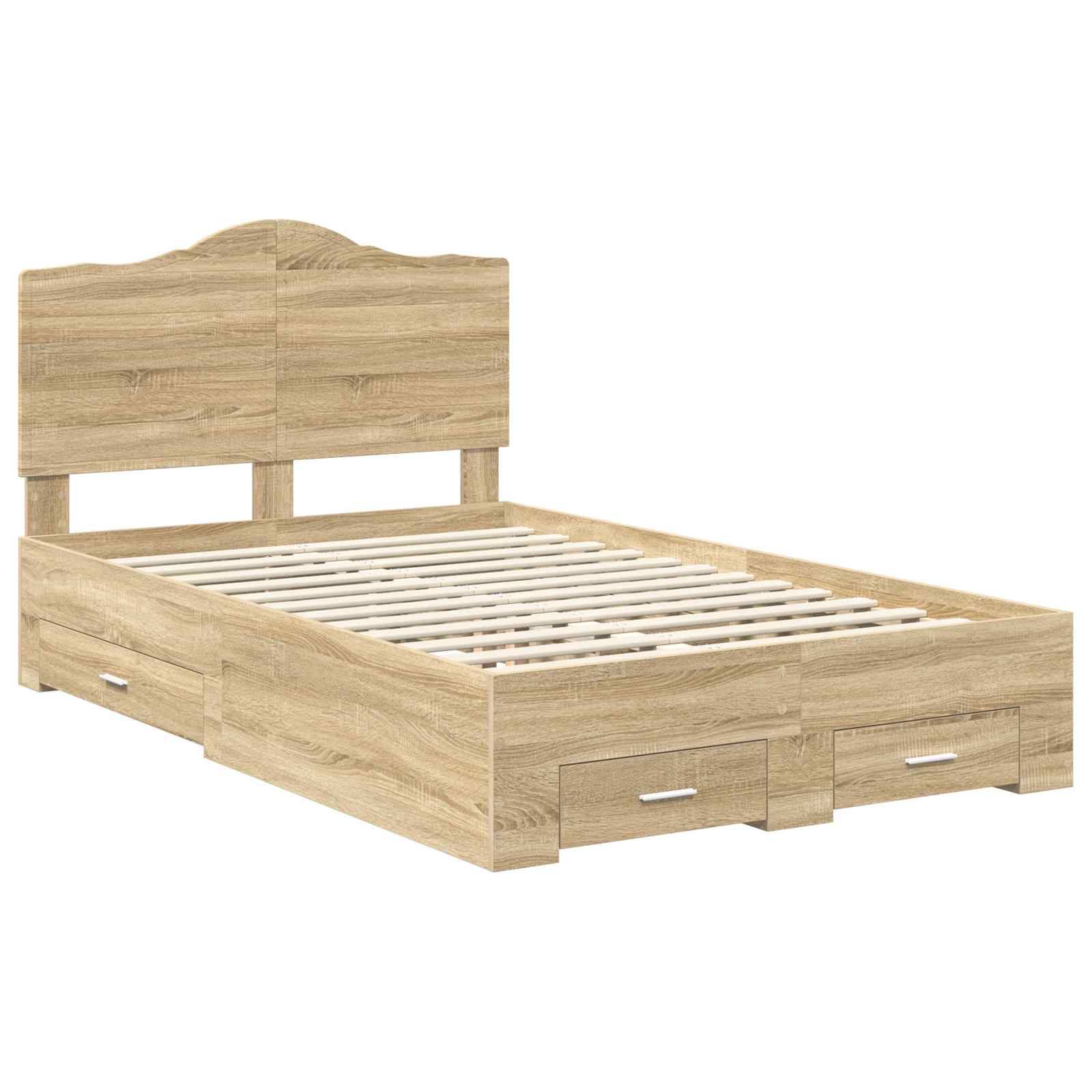 Ein Holzbettgestell mit hohem Kopfteil, versehen mit Latten zur Matratzenunterstützung und Schubladen zur Aufbewahrung darunter.