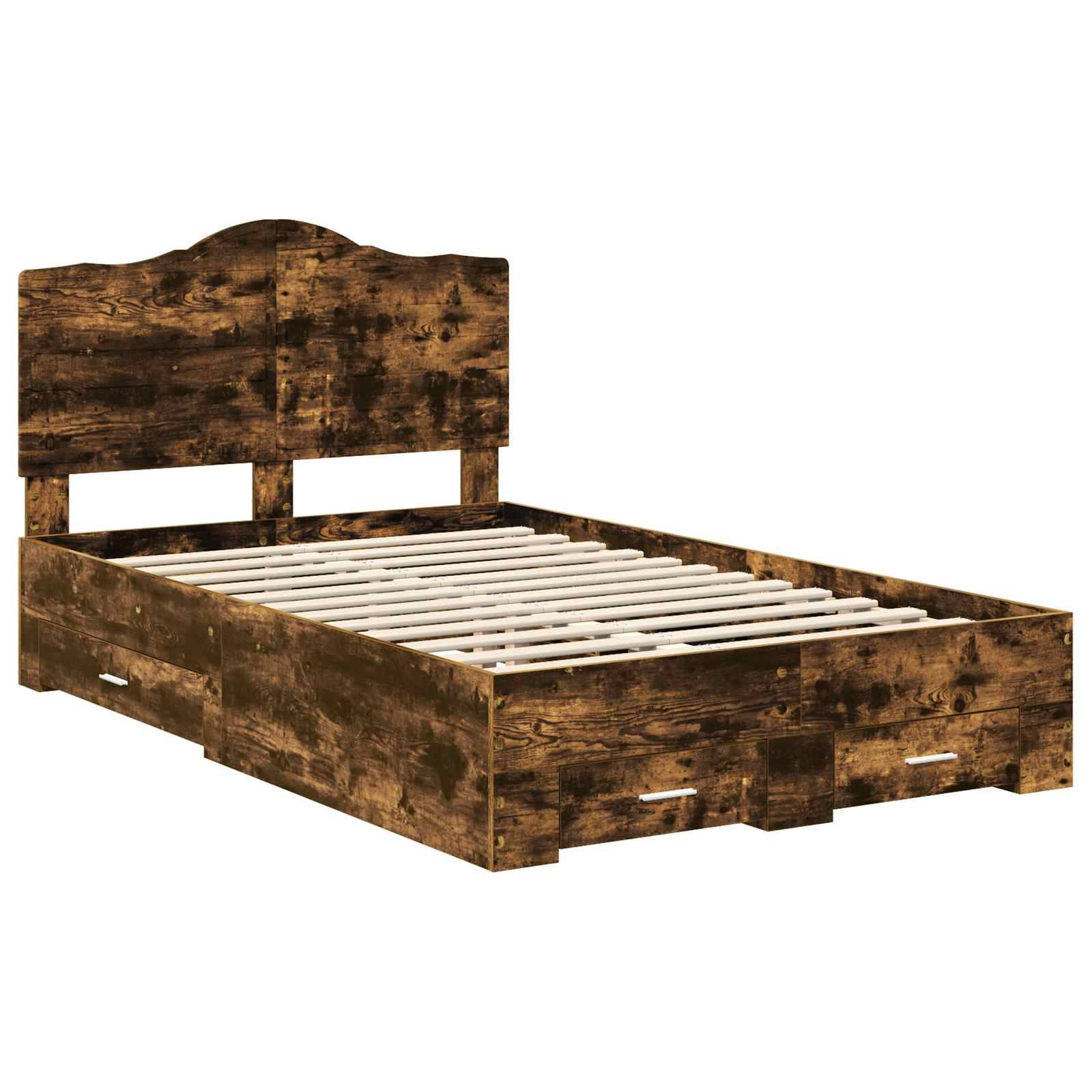 Ein Holzbettgestell mit einem hohen, gebogenen Kopfteil und einer Lattenrost-Basis, versehen mit einem rustikalen, verwitterten Finish. Keine Matratze vorhanden.