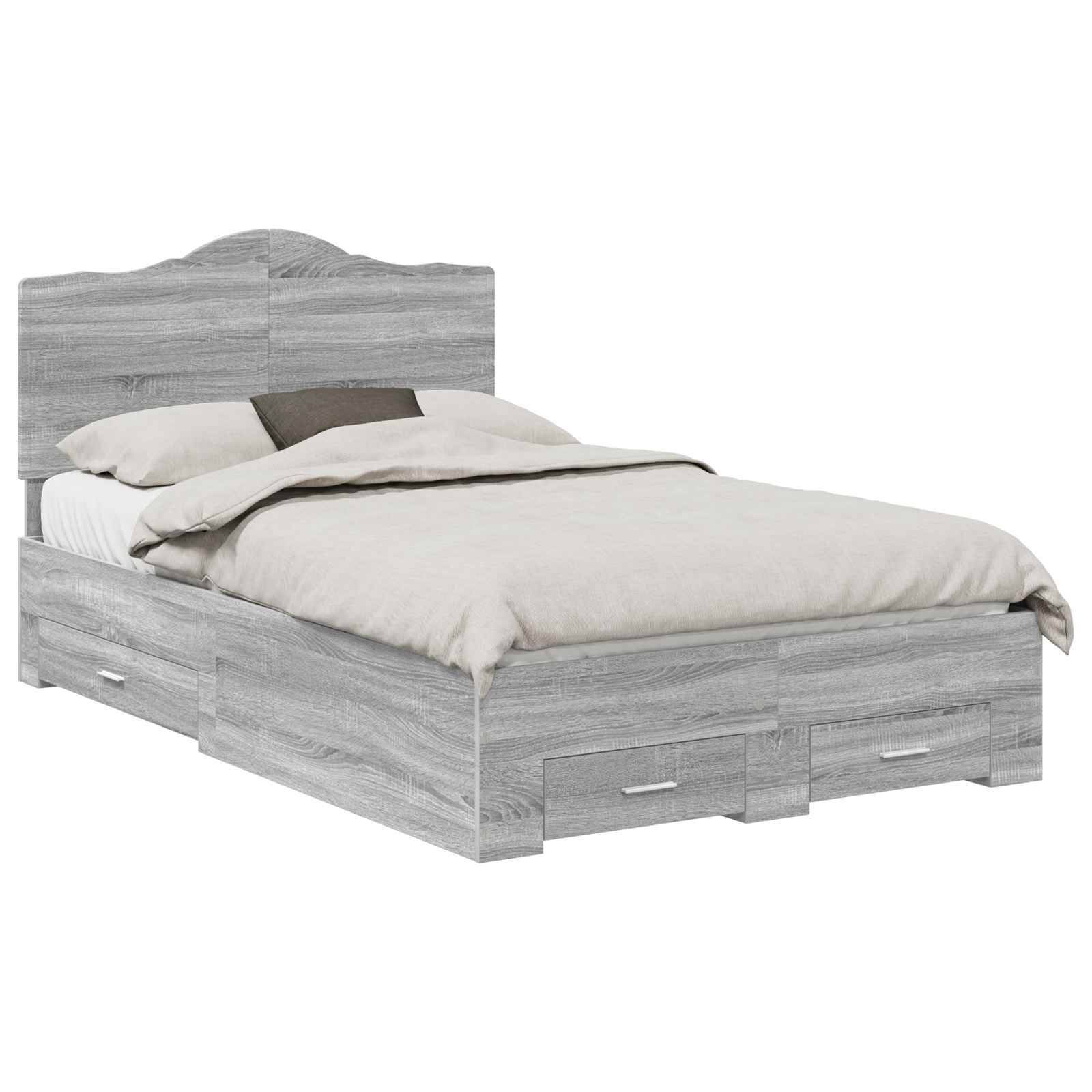 Kingsize-Plattformbett mit heller Holzoberfläche, ausgestattet mit einem hohen Kopfteil und integrierten Schubladen zur Aufbewahrung unter der Matratze.