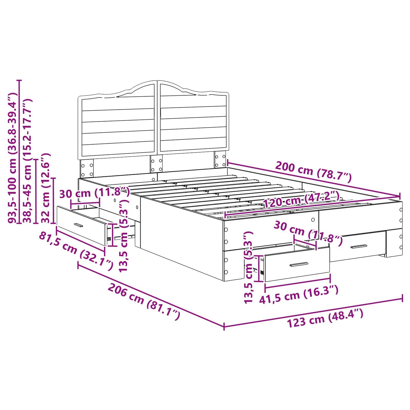 Bettrahmen-Abmessungen: Länge 206 cm, Breite 123 cm, Höhe 93,5-100 cm. Inklusive Schubladen (41,5x35 cm) und Stauraum (120x30 cm).