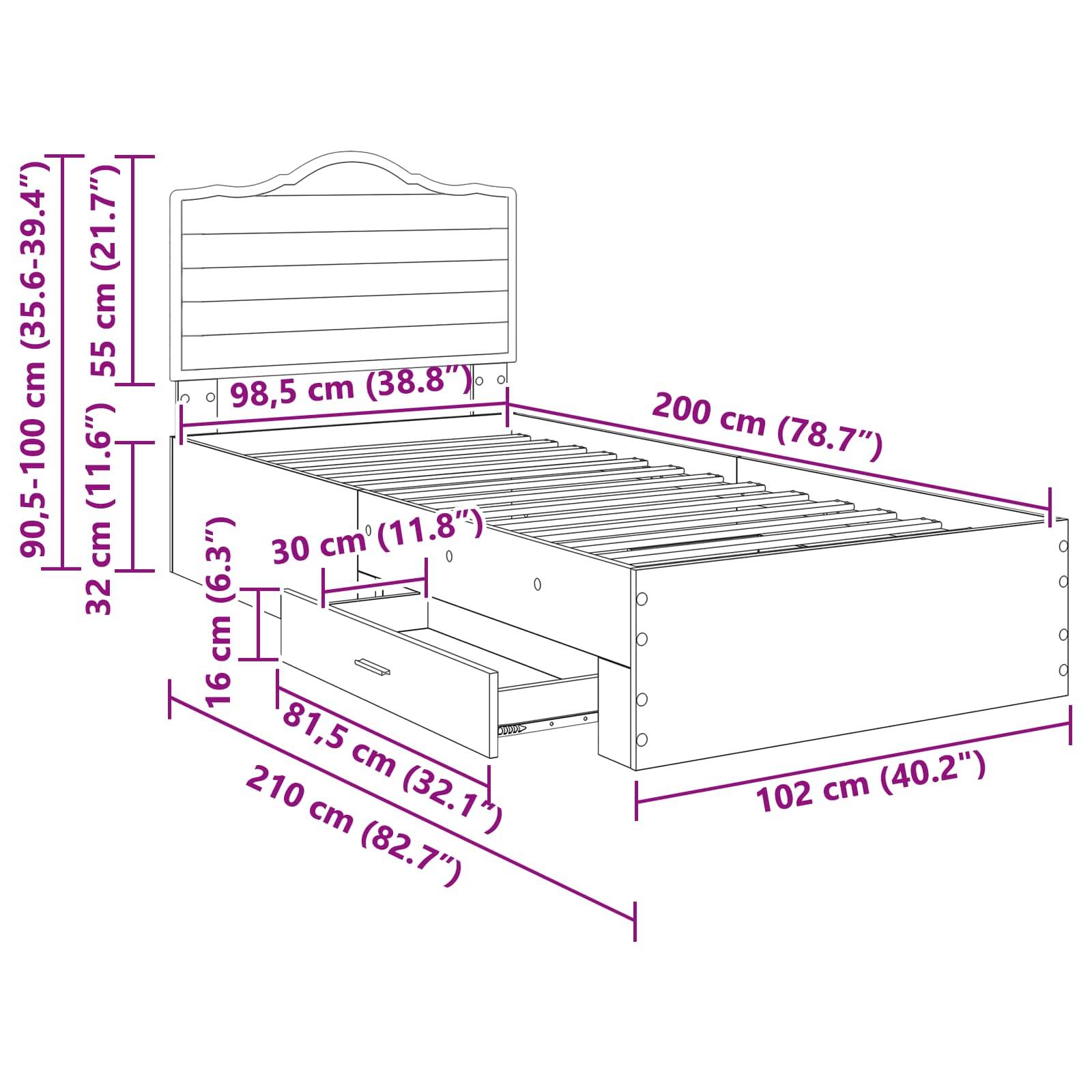 Diagramm eines Bettgestells mit Stauraum. Abmessungen: 200 cm Länge, 98,5 cm Breite, 90,5-100 cm Höhe. Beinhaltet Unterbettschublade mit 81,5 cm x 30 cm.
