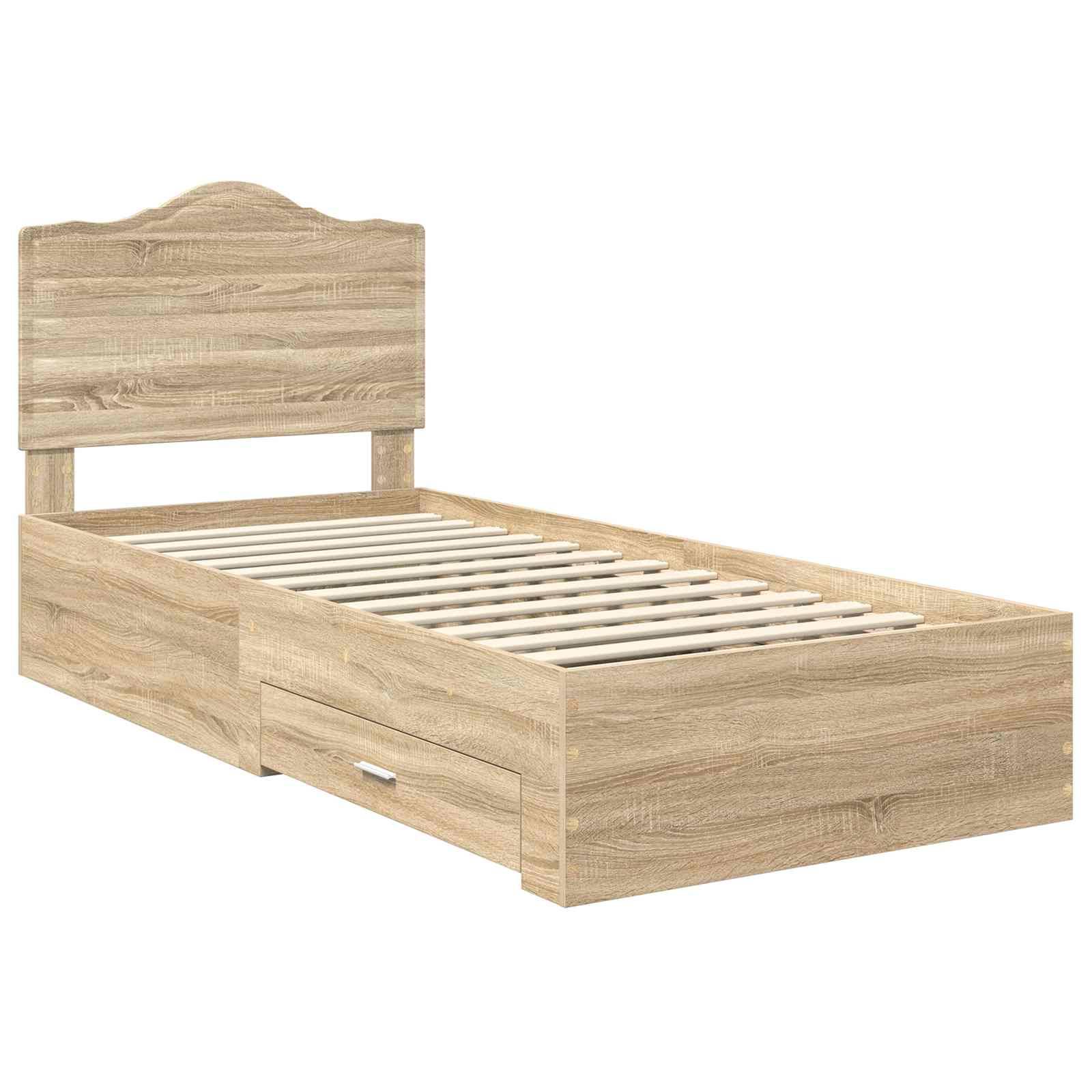 Holz-Einzelbettrahmen mit Staurageschubladen darunter, ausgestattet mit einem Lamellenkopf- und Fußteil, in einem natürlichen Holzton gestaltet.