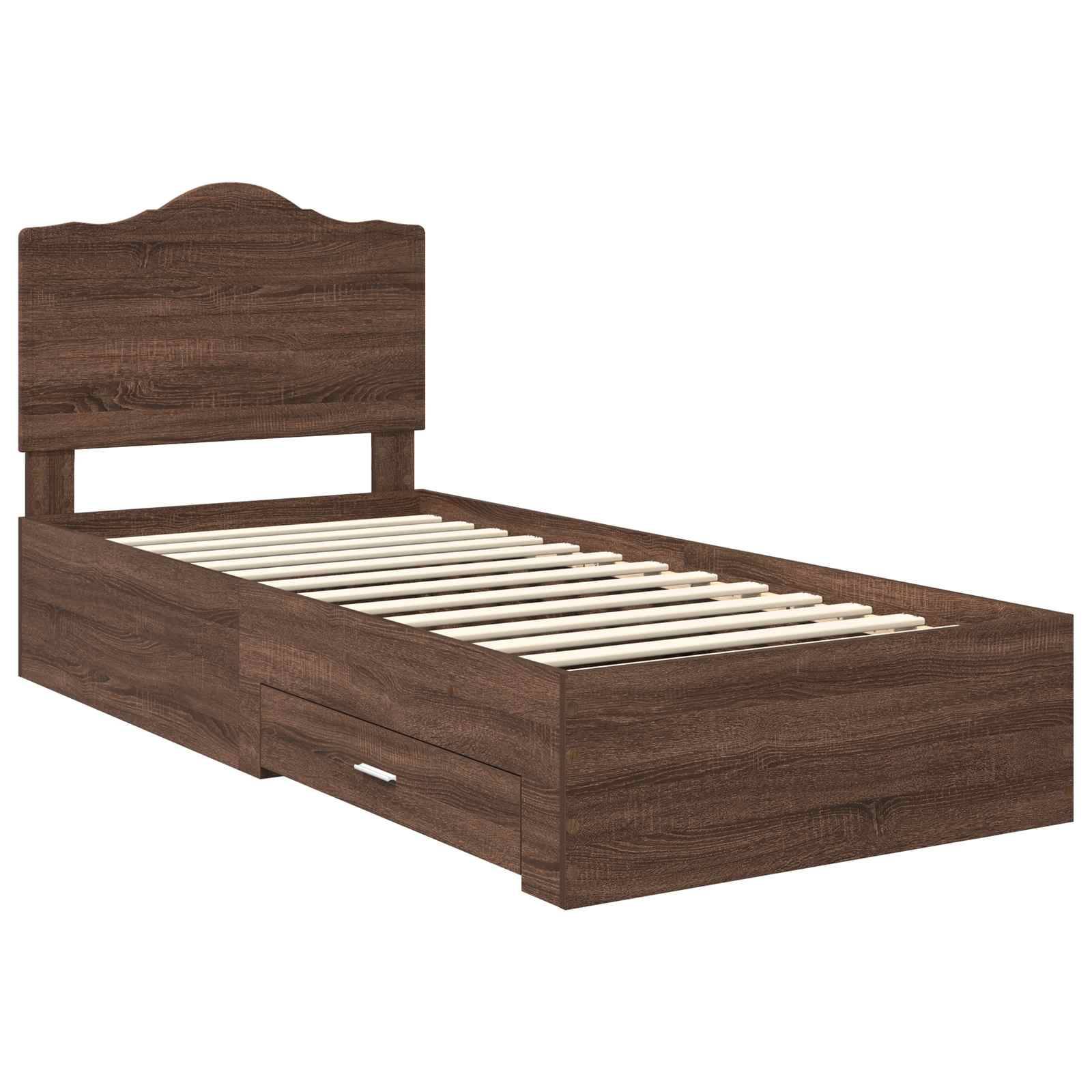 Ein einzelner Holzbettrahmen mit einem Kopfteil, der eine Holzmaserungsoptik aufweist und eine Aufbewahrungsschublade unterhalb der Bettlatten besitzt.