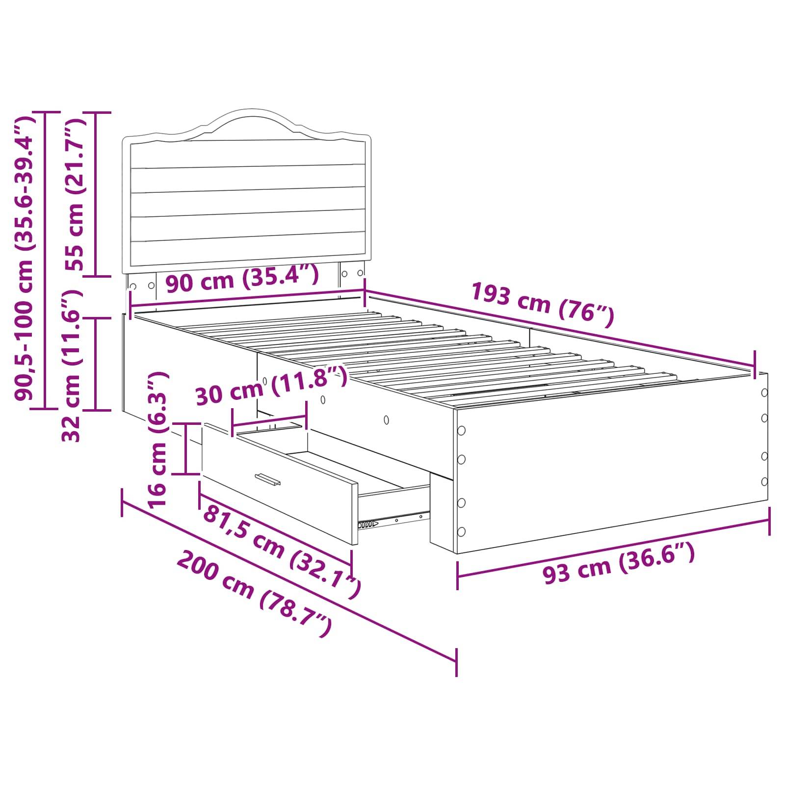 Eine Skizze eines Bettes mit Maßen: Breite 90 cm (35,4"), Tiefe 193 cm (76""), Höhe 32-100 cm (12,6-39,4""). Enthält Unterbettschublade 81,5 x 30 x 16 cm (32,1 x 11,8 x 6,3"").