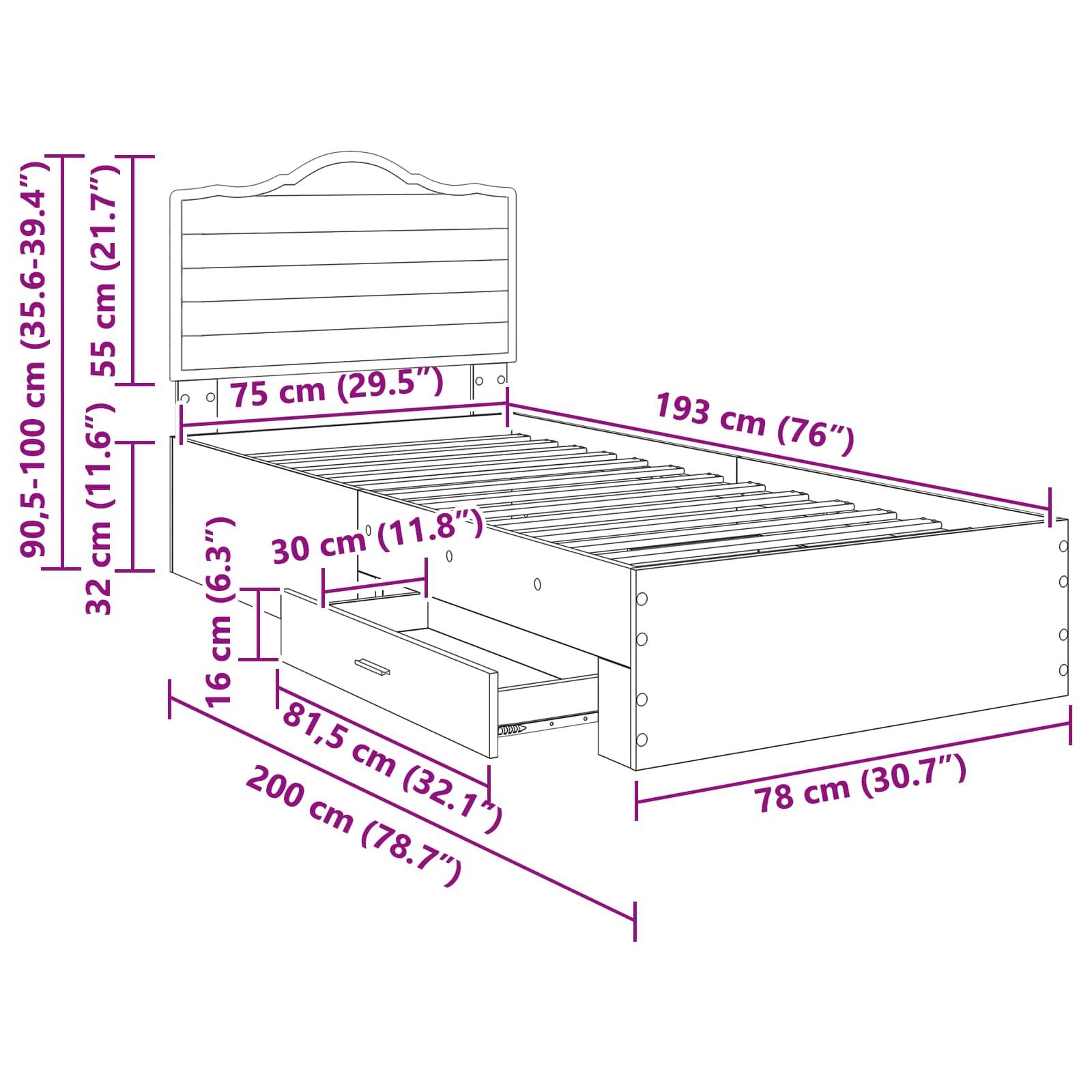 Eine Linienzeichnung eines Bettes mit Maßen: Höhe 90,5-100 cm, Länge 200 cm, Breite 78-193 cm. Enthält einen ausziehbaren Schubkasten: 16x81,5x30 cm.