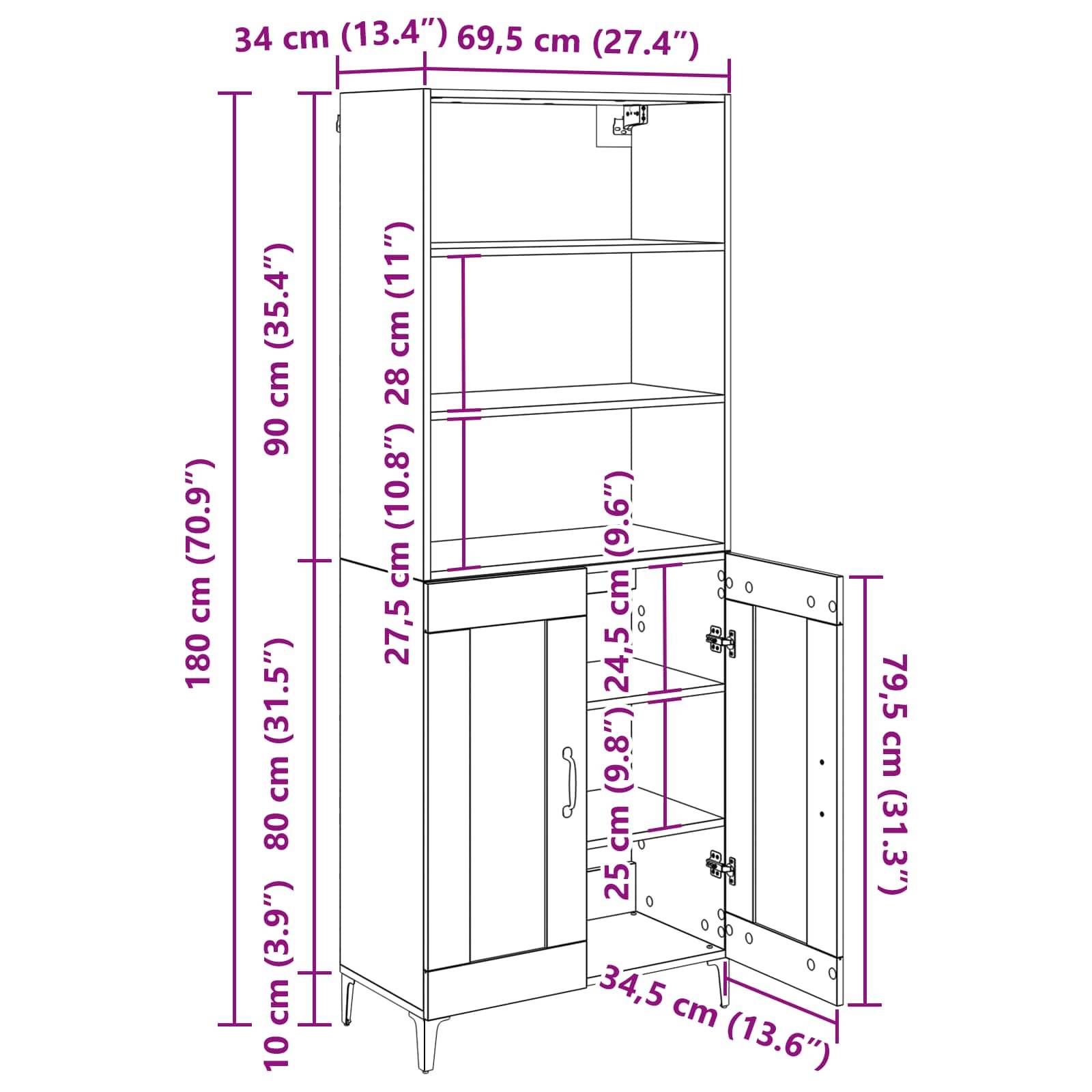 Eckschrank-Abmessungen: Höhe 180 cm (70,9