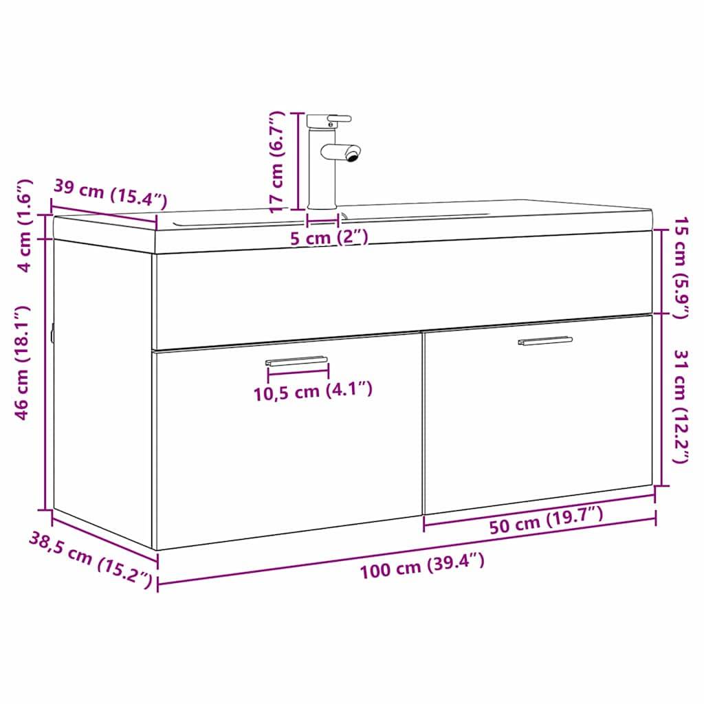 Waschtisch mit Waschbecken und Armatur. Abmessungen: Breite 100 cm (39,4